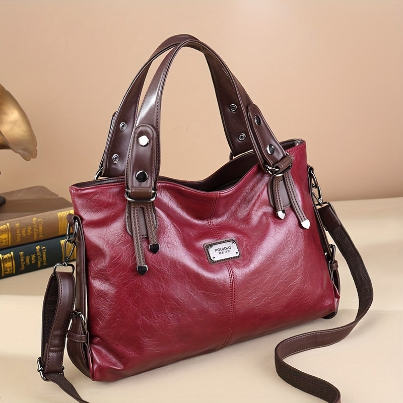 Women'S Vintage Handbag with Adjustable Shoulder Strap, Multiple Pockets & Soft Oil Edge Detail - Burgundy Polyester Lining, Zipper Closure, Elegant Accessory for Mother'S Day Gifts, Elegant Handbag | Vintage Tote Design | So