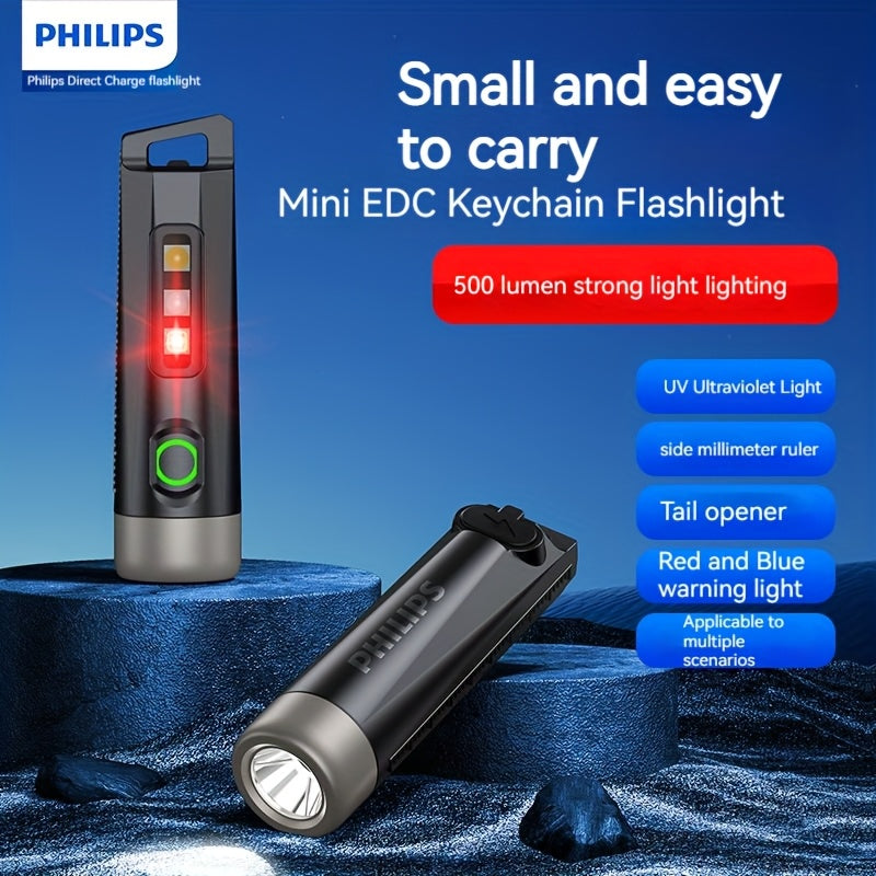 PHILIPS Bright light mini flashlight Portable pendable keychain purple light flashlight Tpye-C charging night commute travel essential, Camping Gear, Emergency Light, Lightweight Flashlight, Typec Charging, Powerful Beam, Han