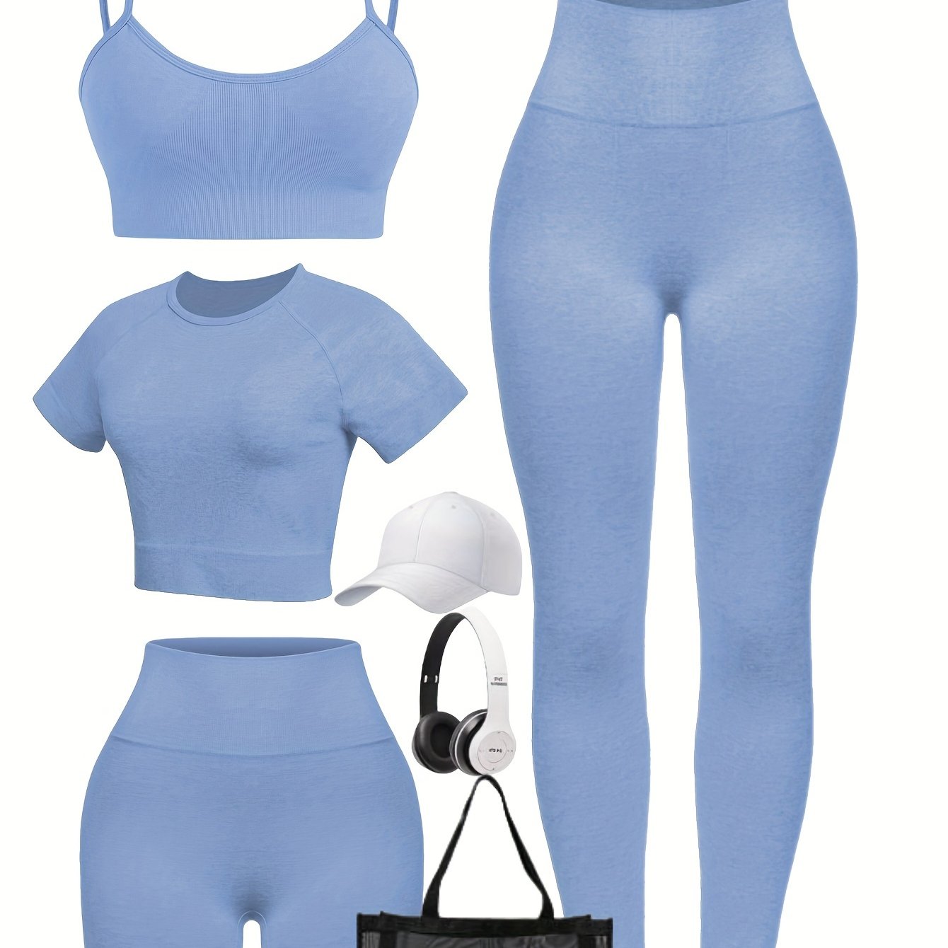4pcs Seamless High Stretch Women'S Yoga Set - Solid Color Knit Athletic Outfit with Crop Top, Wide Waistband Leggings, Shorts, and Sports Bra for Running, Fitness - All Seasons, Round Neck, Nylon