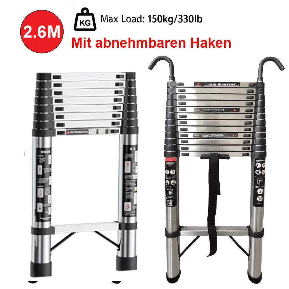 150kg Stainless Steel Ladder, 5m 4.4m 3.8m 3.2m 2.6m Telescopic Folding Ladder, Portable Safety Ladder, Suitable for Renovation And Maintenance, Garden Pruning, Orchard Picking, Warehouse Stocking, Ladder for Home, A Shape Ad