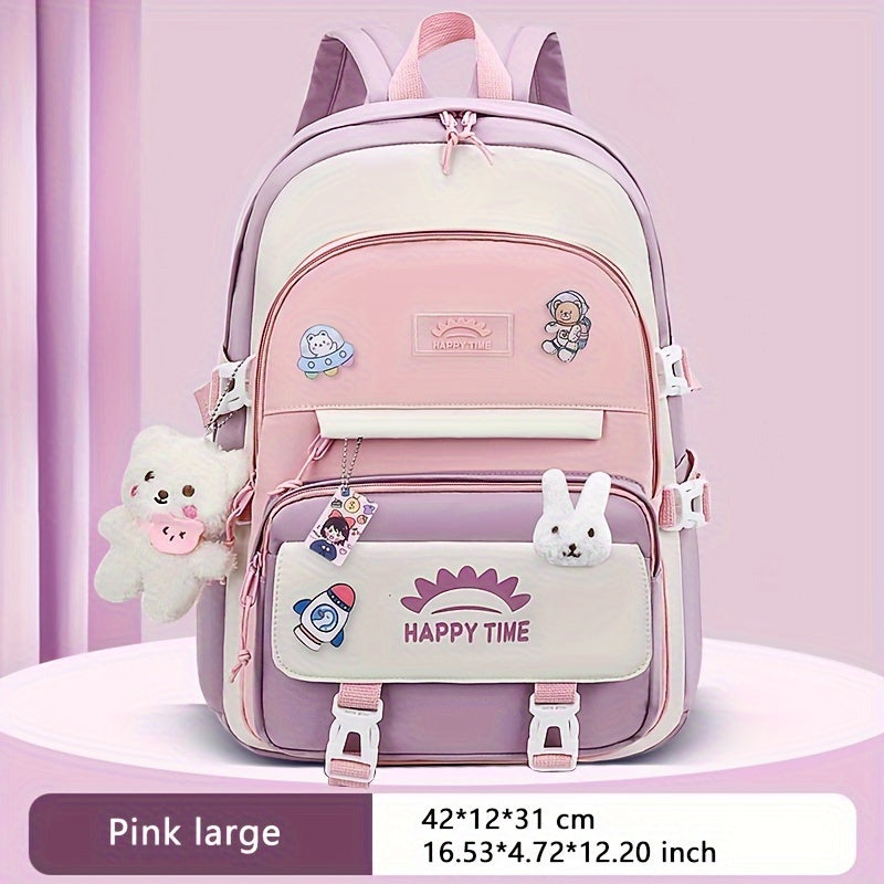 Chic Nylon Backpack for Girls - Cute Cartoon Design, Adjustable Straps, Lightweight backpack, Perfect for Elementary to High School Students