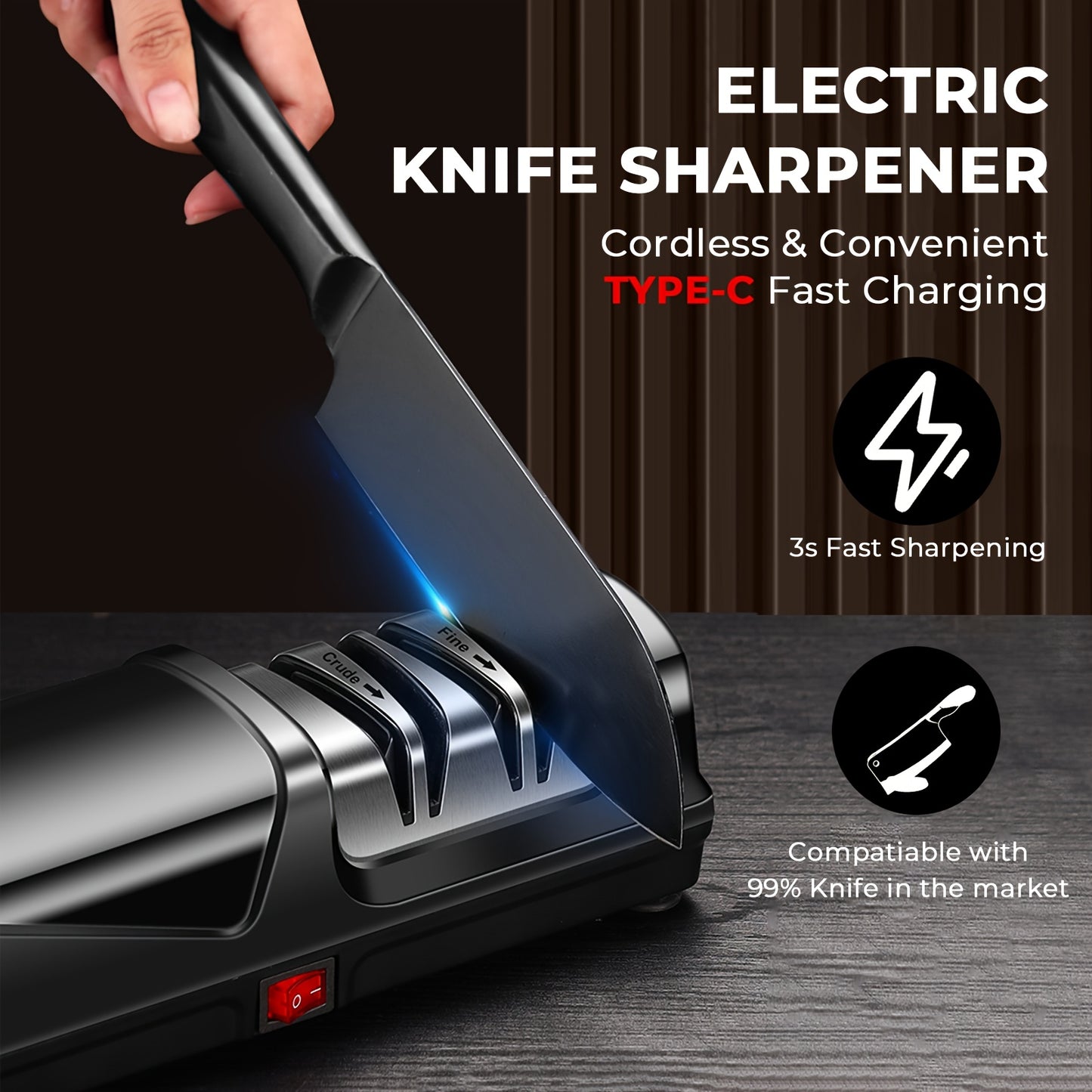 Knife Sharpener, Professional 2-Stages Electric Knife Sharpeners for 20-Degree Straight Edge, Knife Sharpener for Kitchen Knives with Sharpening and Polishing, Black