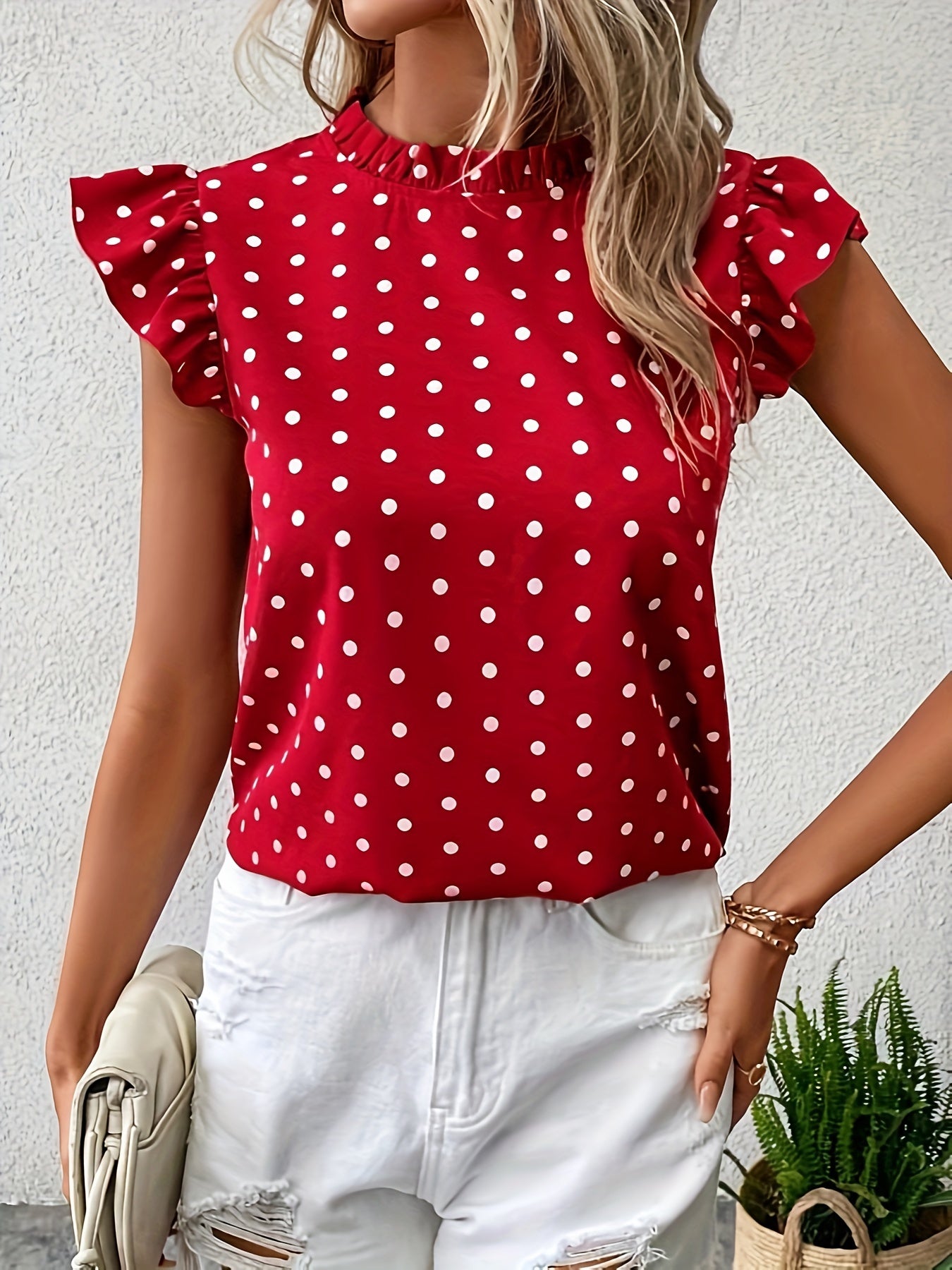 Polka Dot Print Mock Neck Blouse, Elegant Ruffle Sleeve Blouse For Spring & Summer, Women's Clothing