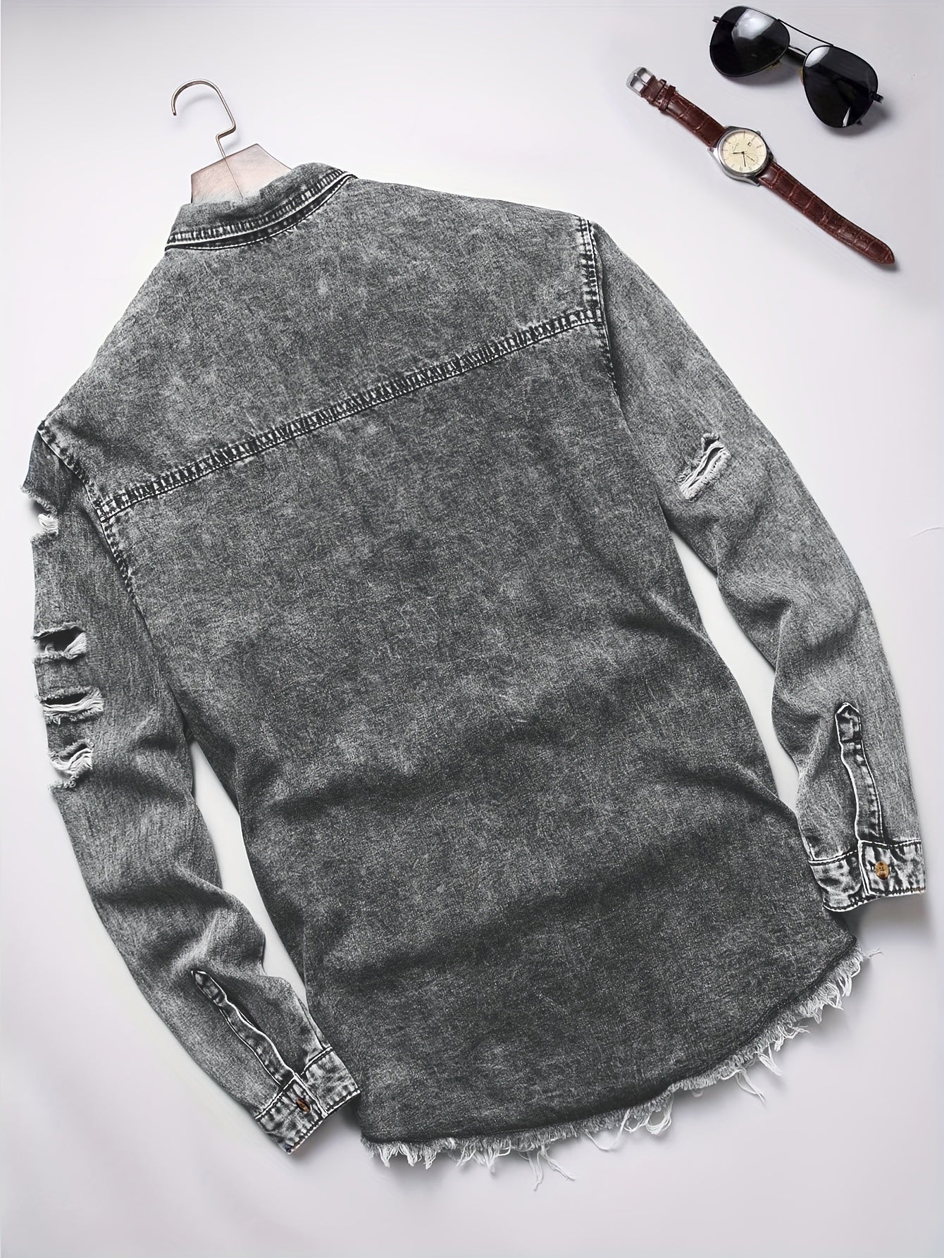 Men's Trendy Ripped Design Casual Button Up Long Sleeve Denim Shirt, Men's Clothes For Spring Summer Autumn, Tops For Men