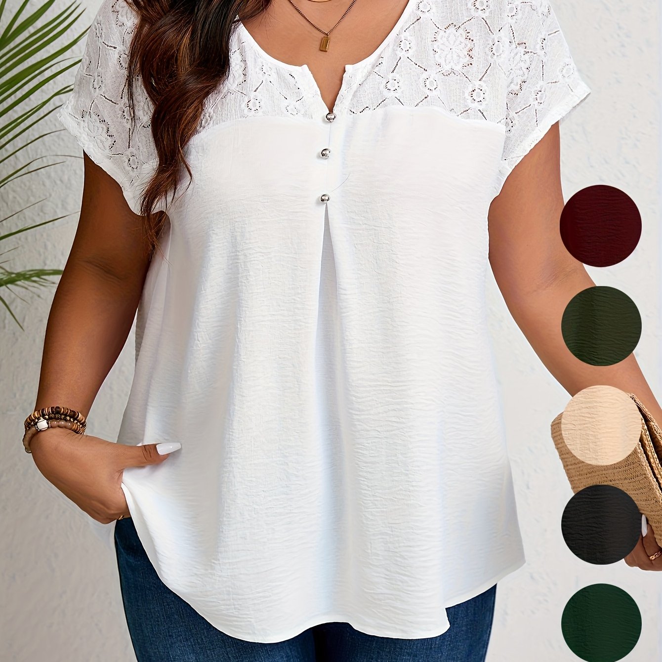 Women'S Plus Size Casual Top - Elegant Maroon Blouse with Contrast Lace Detail, Non-Stretch Fabric, Perfect for Spring/Summer/Fall, Plus Size Blouses