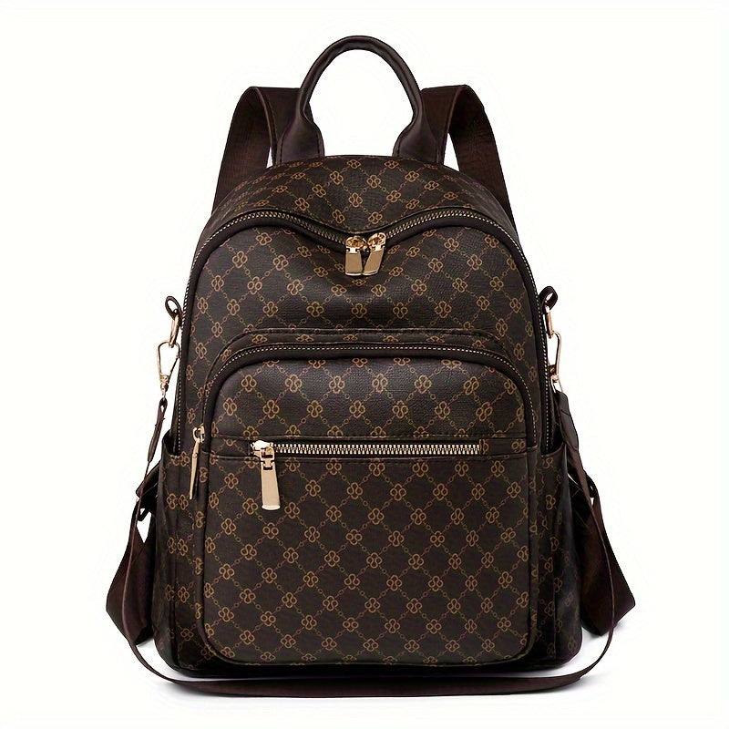 Women's Clover Backpack - Large Capacity, Adjustable Straps,, Zip Closure, Geometric Pattern, Beige//Black, Casual College Style, Perfect for Students and Travel, Backpack for School