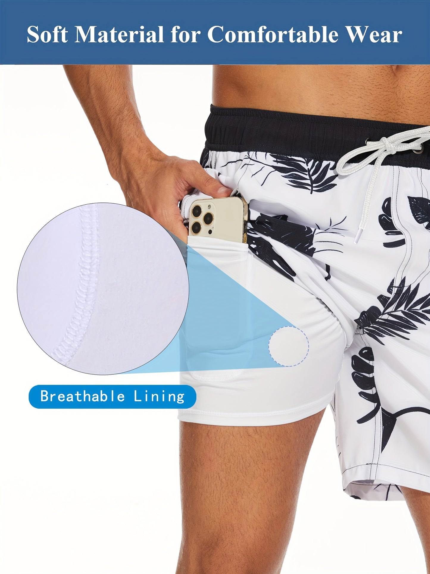 Men's Quick-Dry Beach Shorts with Tropical Palm Tree & Palm Leaf Print - Breathable Stretch Fabric for Summer, Outdoor, Hiking, Swimming - Machine Washable Casual Athletic Shorts, Outdoor Activewear, Summer Shorts