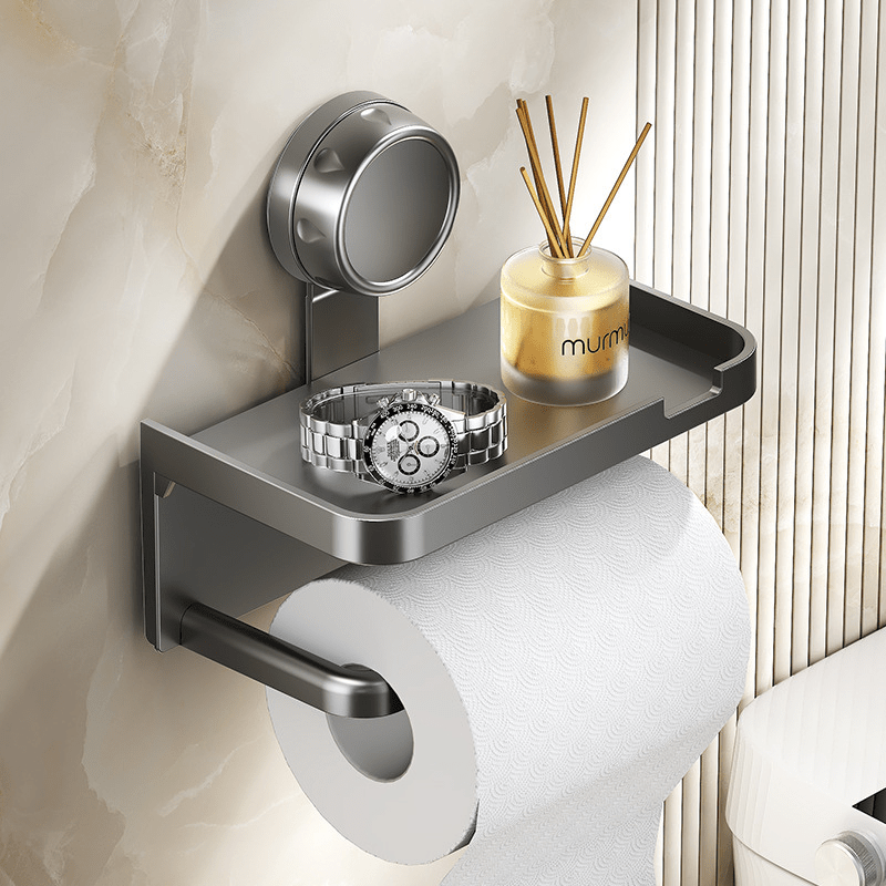 1pc Household Toilet Paper Holder with Storage Box, Suction Cup Wall-Mounted Bathroom Tissue Rack – No Drilling Required. Includes Phone Stand for Convenient Use in the Home or Shower Room, Toilet Tissue Holder for Bathroom