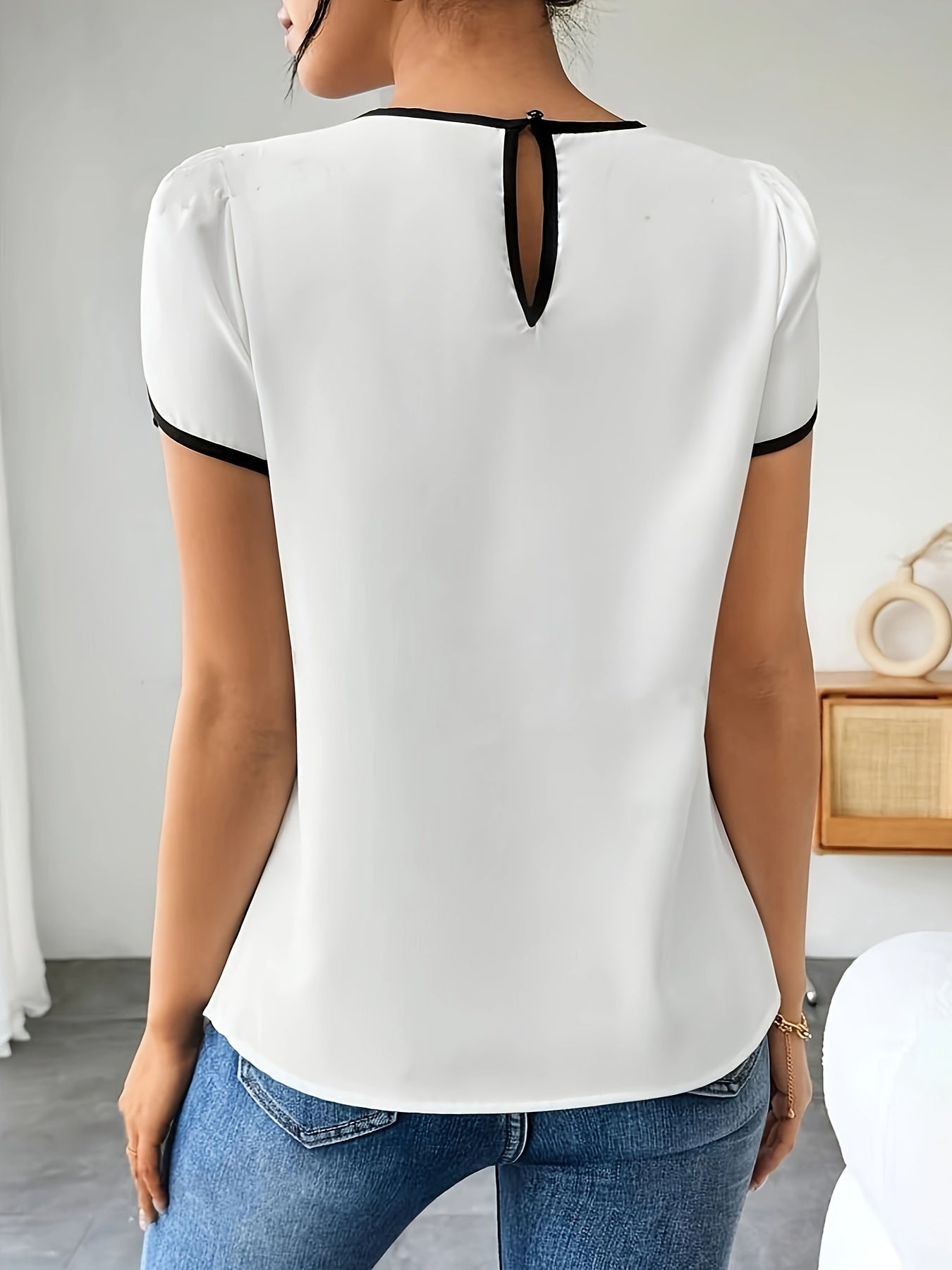 Contrast Trim Petal Sleeve Blouse, Elegant Crew Neck Blouse For Spring & Summer, Women's Clothing