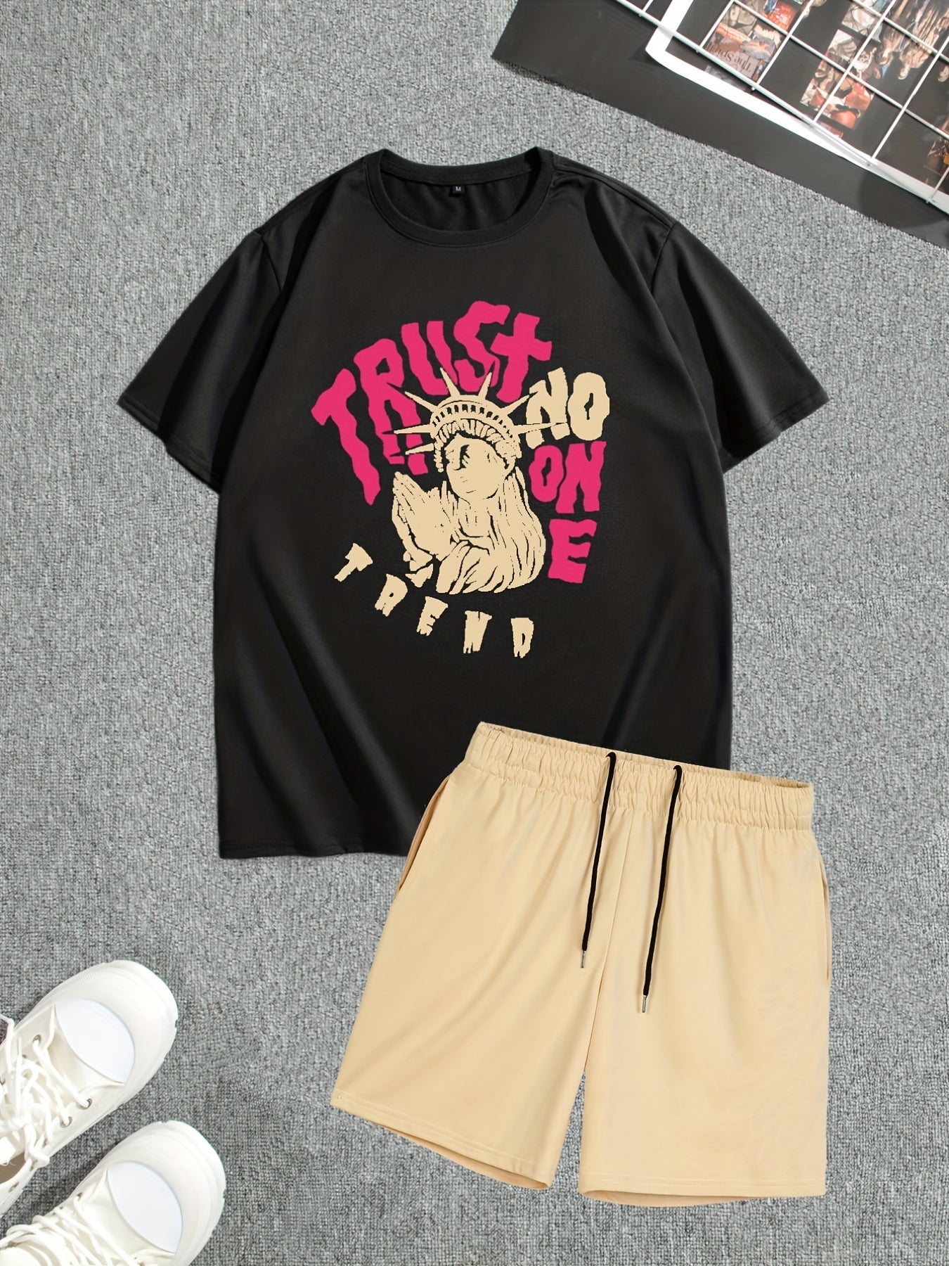Men's Street Style Summer 2PCS Outfits, Male's Trend TRUST Graphic Short-sleeve Crew Neck T-shirt Drawstring Shorts Set, Casual Clothes For Men