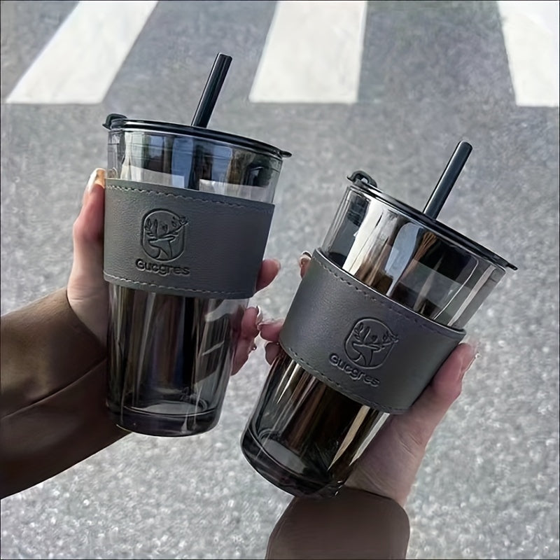Chic Bamboo-Inspired Glass Coffee Mug with Straw - Large Capacity, Minimalist Design for Coffee & Milk Tea