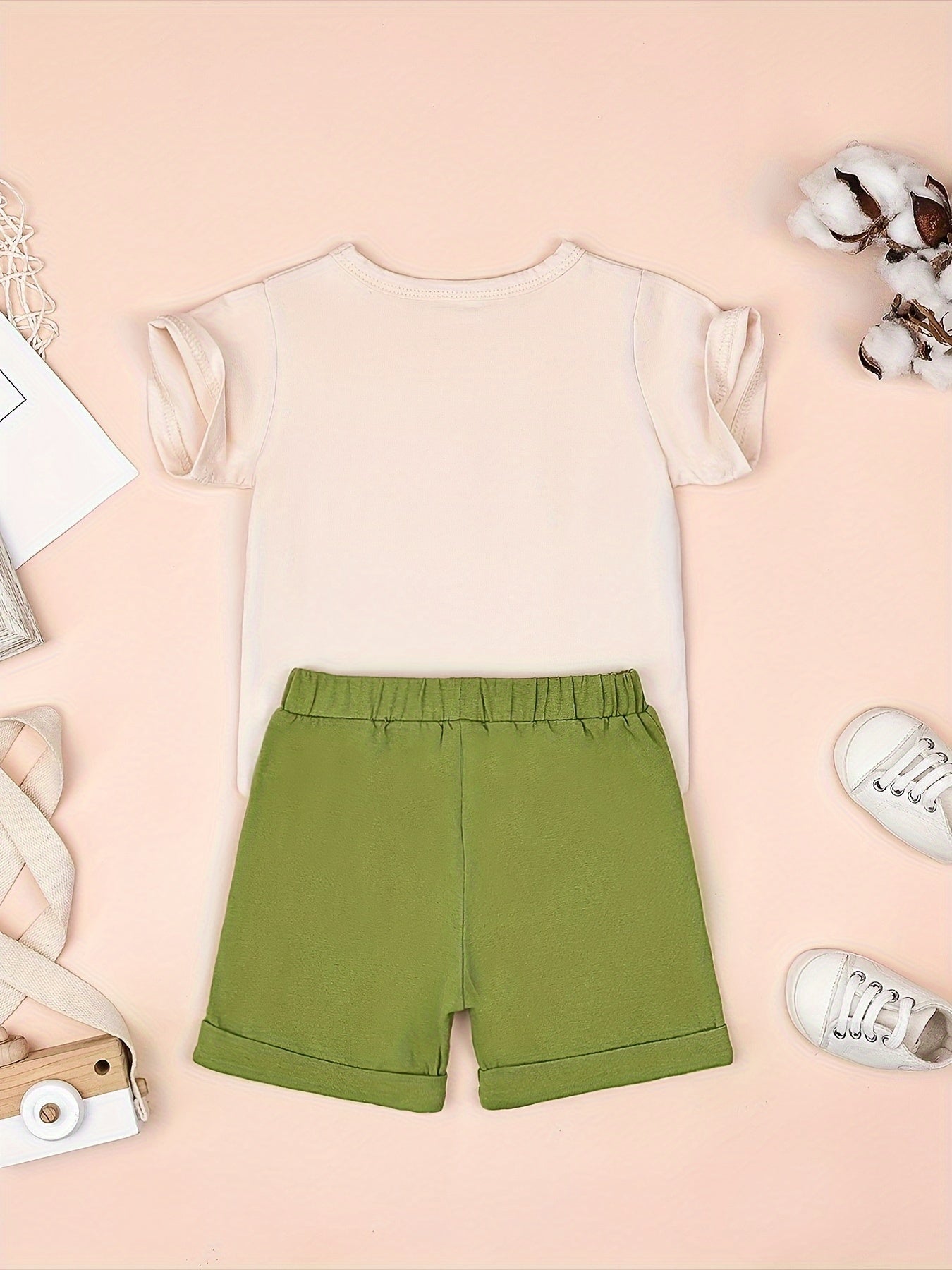 2pcs Baby Boys Summer Outfit Set - Cotton & Polyester Crew Neck T-Shirt with Stripes & Patch Detail, Short Sleeve, Drop Shoulder, Knit Fabric, with Matching Shorts with Belt & Fake Drawstring - Regular Fit, for Outdoor
