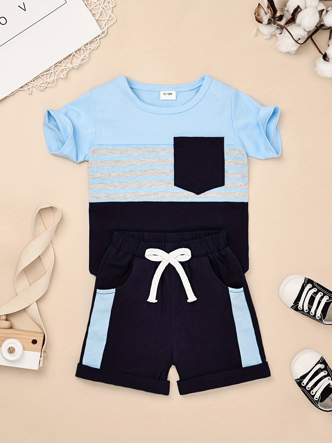 2pcs Baby Boys Summer Outfit Set - Cotton & Polyester Crew Neck T-Shirt with Stripes & Patch Detail, Short Sleeve, Drop Shoulder, Knit Fabric, with Matching Shorts with Belt & Fake Drawstring - Regular Fit, for Outdoor