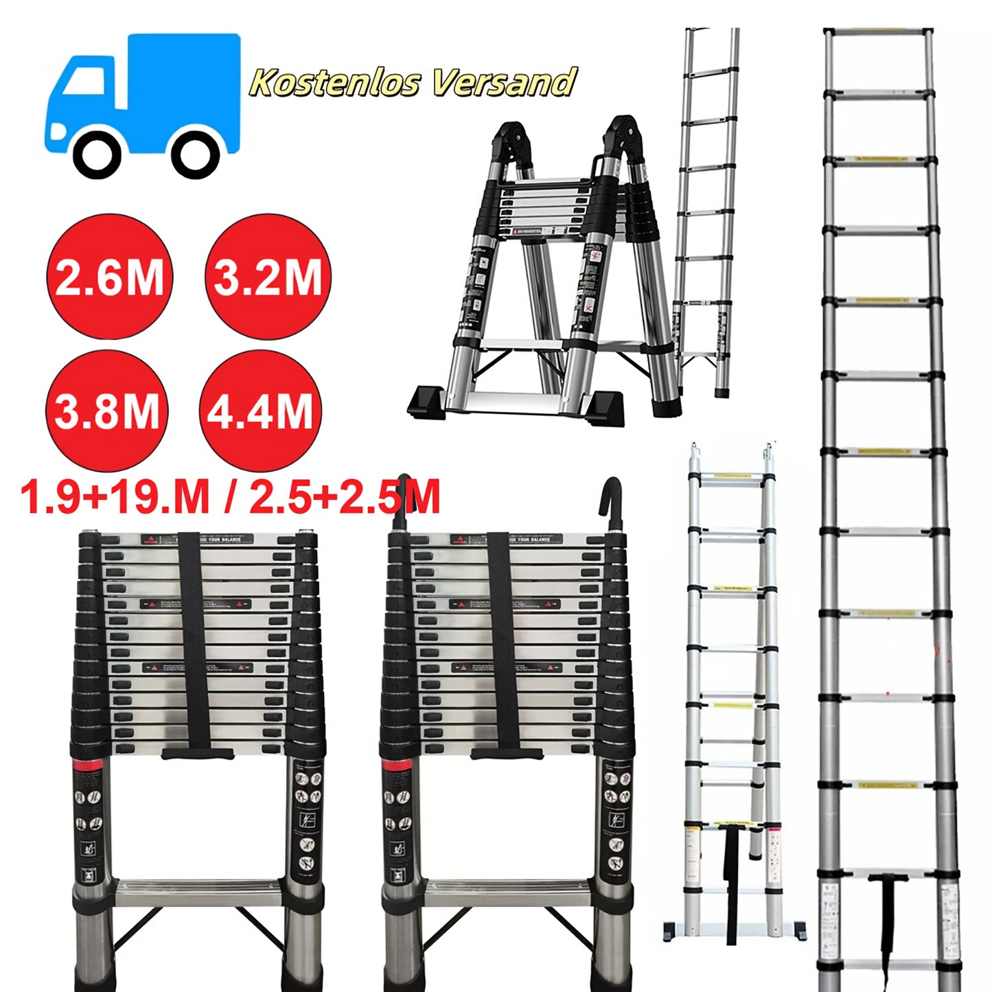 150kg Stainless Steel Ladder, 5m 4.4m 3.8m 3.2m 2.6m Telescopic Folding Ladder, Portable Safety Ladder, Suitable for Renovation And Maintenance, Garden Pruning, Orchard Picking, Warehouse Stocking, Ladder for Home, A Shape Ad