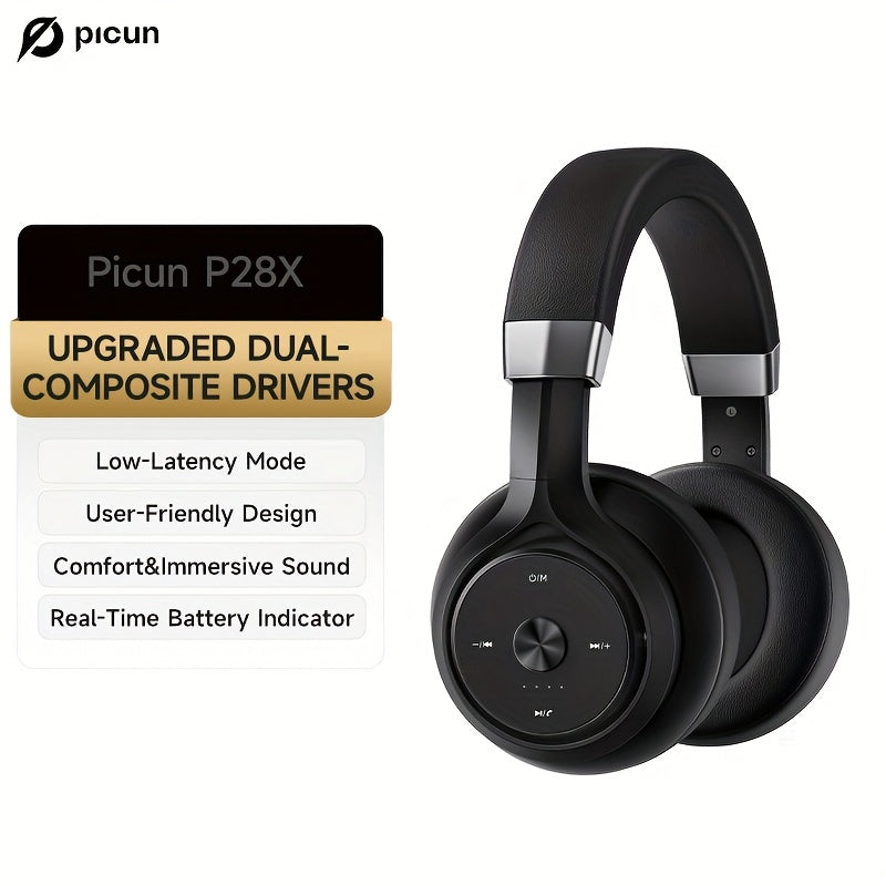 Picun Wireless Over-Ear Headphones, HiFi Stereo, Deep Bass, Foldable Design, 30-Hour Battery, Built-in Mic. Lightweight Brown Leatherette Finish, Perfect for Gaming, PC, and On-the-Go Use.