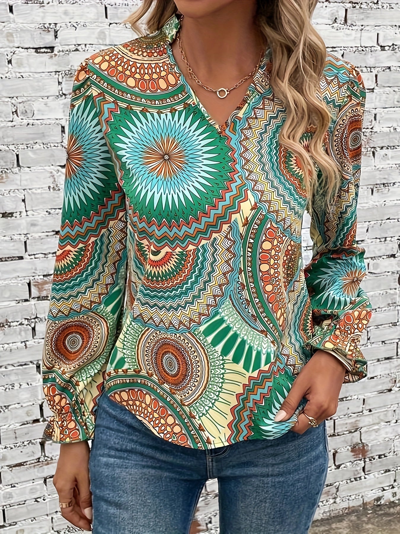 Mandala Print Notched Neck Blouse, Vintage Long Sleeve Blouse For Spring & Fall, Women's Clothing
