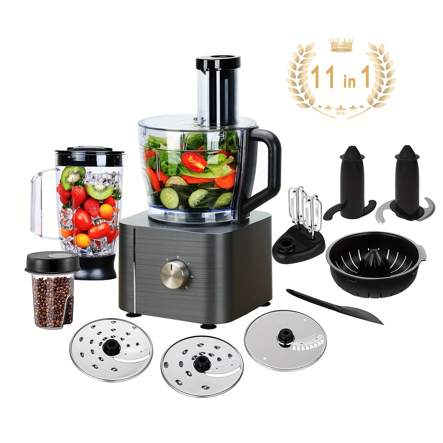 Food Processor 11-in-1 with Chopping Blending Kneading Grinding Whisking Juicing, 1100W, 3 Speeds Plus Pulse, 3.2 L Bowl and 1.5L Jug Blender