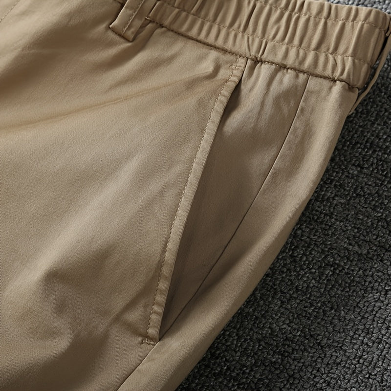 Men's Summer Micro-Elastic Casual Shorts - Four-Tenths Length, Olive Green, Mid-Rise Waist, Elastic Waistband, Side Pockets, Lightweight & Breathable for Casual Attire