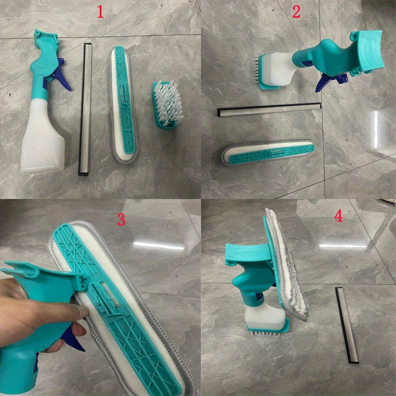 1pc, 4 In 1 Glass Wiper With Spray Bottle, Multifunctional Window Wiping Brush With Scraper And Scrub Brush, Creative Cleaning Brush For Floor Wall Tile Window Glass, Cleaning Supplies, Cleaning Tool, Back To School Supplies