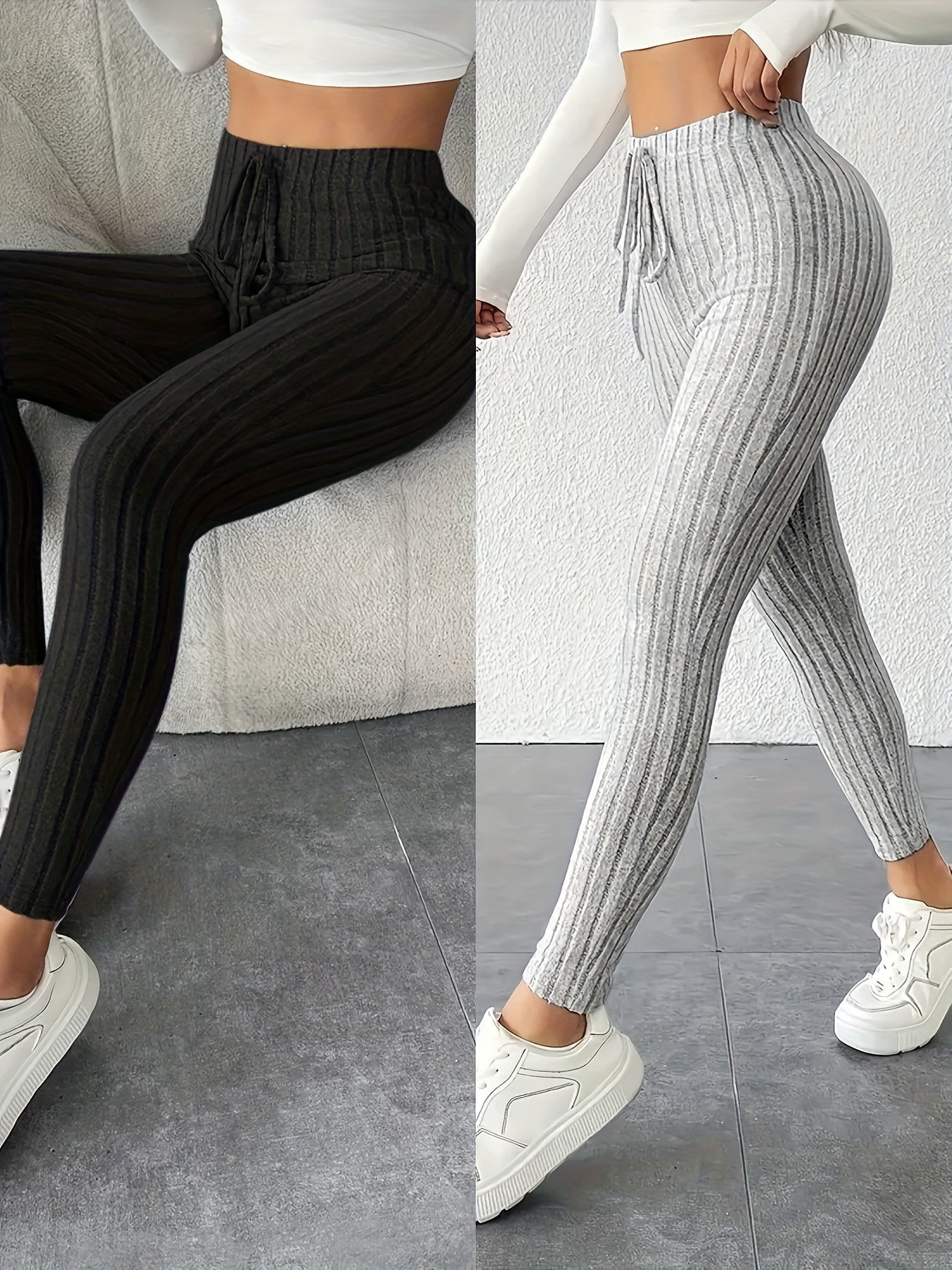 Two-Pack High-Waisted Pants, High Elasticity Solid Color Long Pants for Women, Tummy Control and Body Shaping, Suitable for Daily Wear, Comfortable Women'S Outerwear Leggings, Multi-Pack, Women' Ribbed Two Piece Casual Wide L