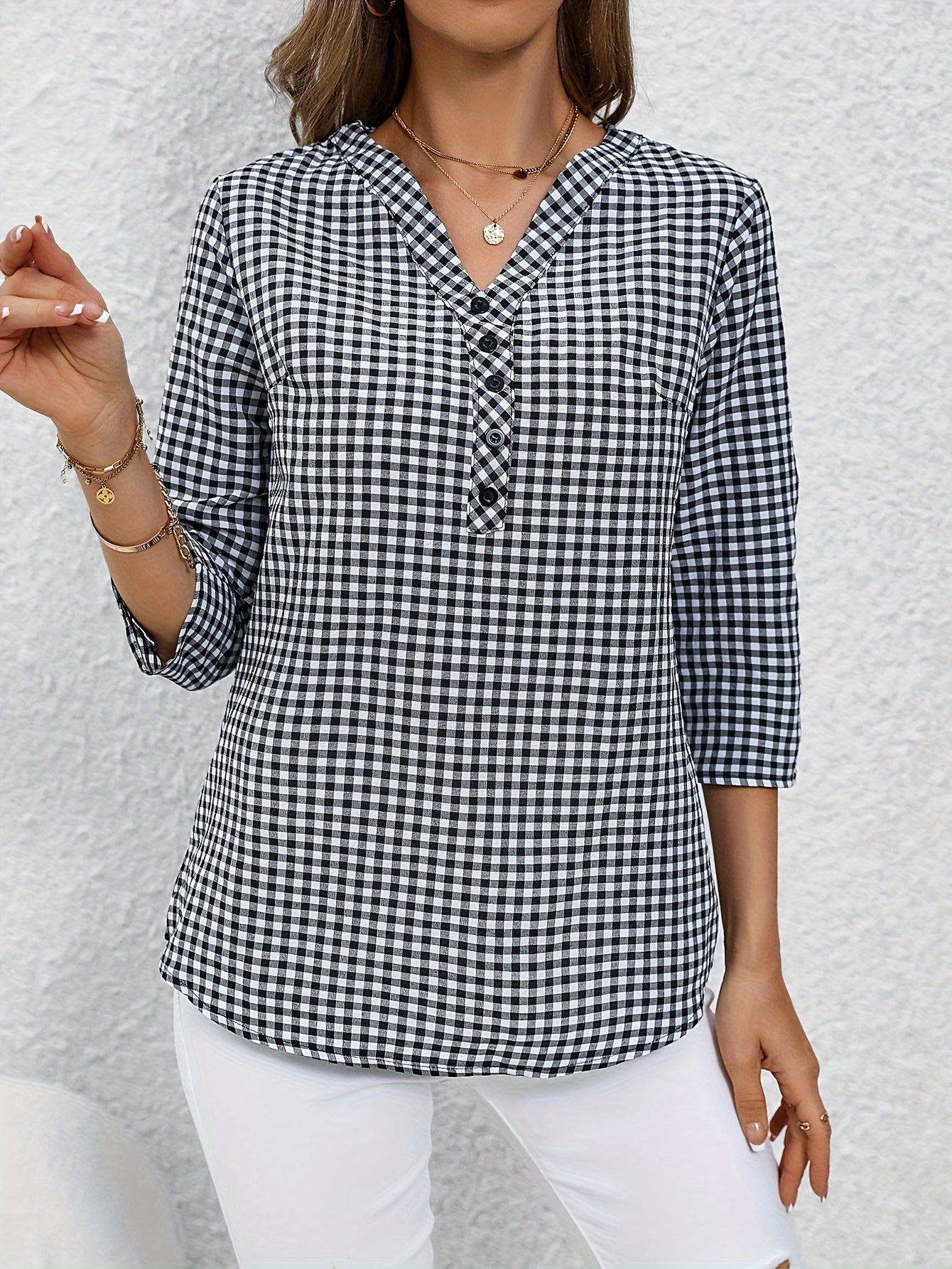 Plaid Print Button Notched Neck Blouse, Casual Rolled Sleeve Blouse For Spring, Women's Clothing