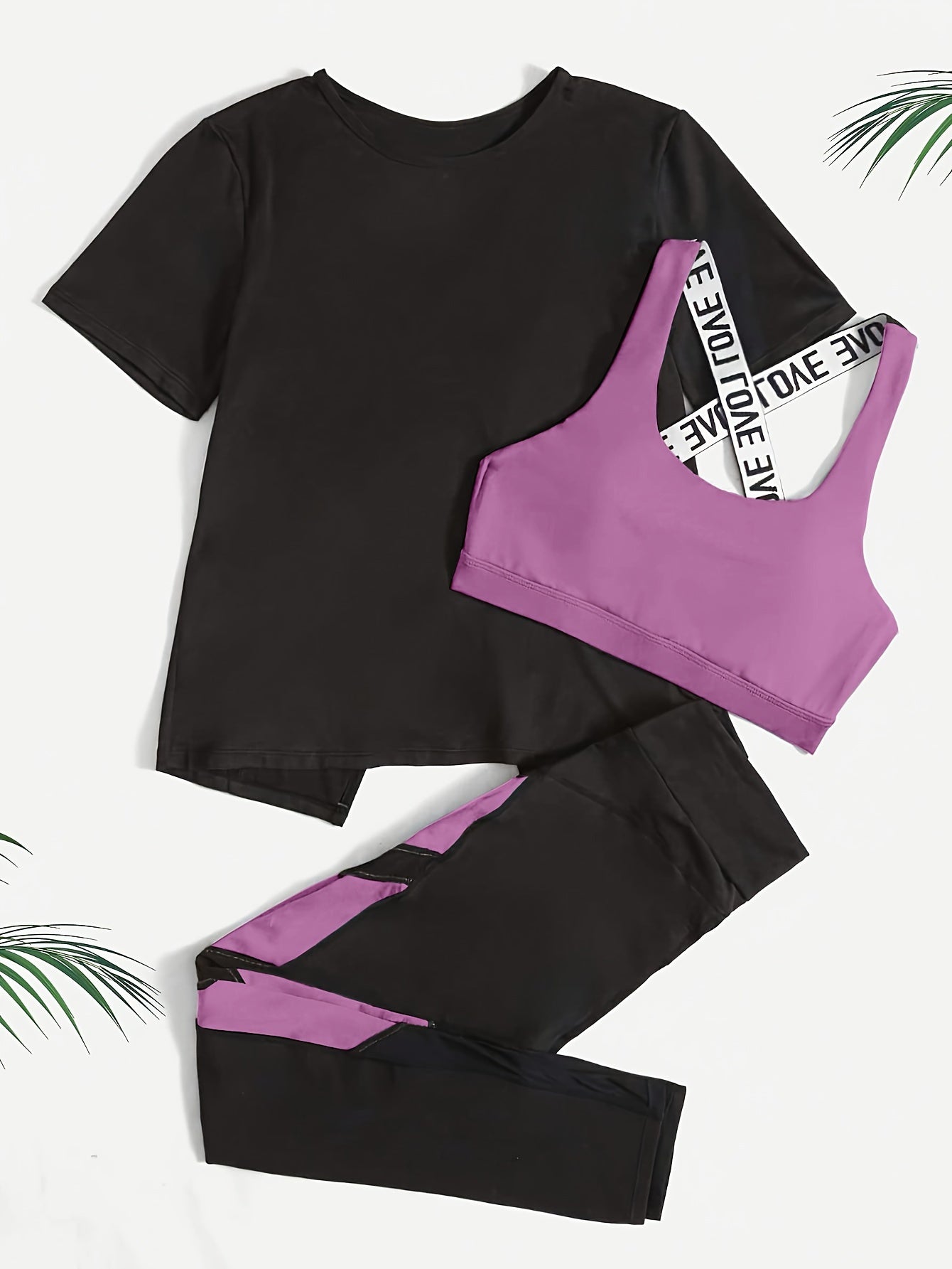 3pcs Women's Yoga Set in Black & Purple - High-Stretch, Sleeveless Sports Bra with Crisscross Straps, Short Sleeve Top & Leggings - Polyester & Elastane Blend, Machine Washable