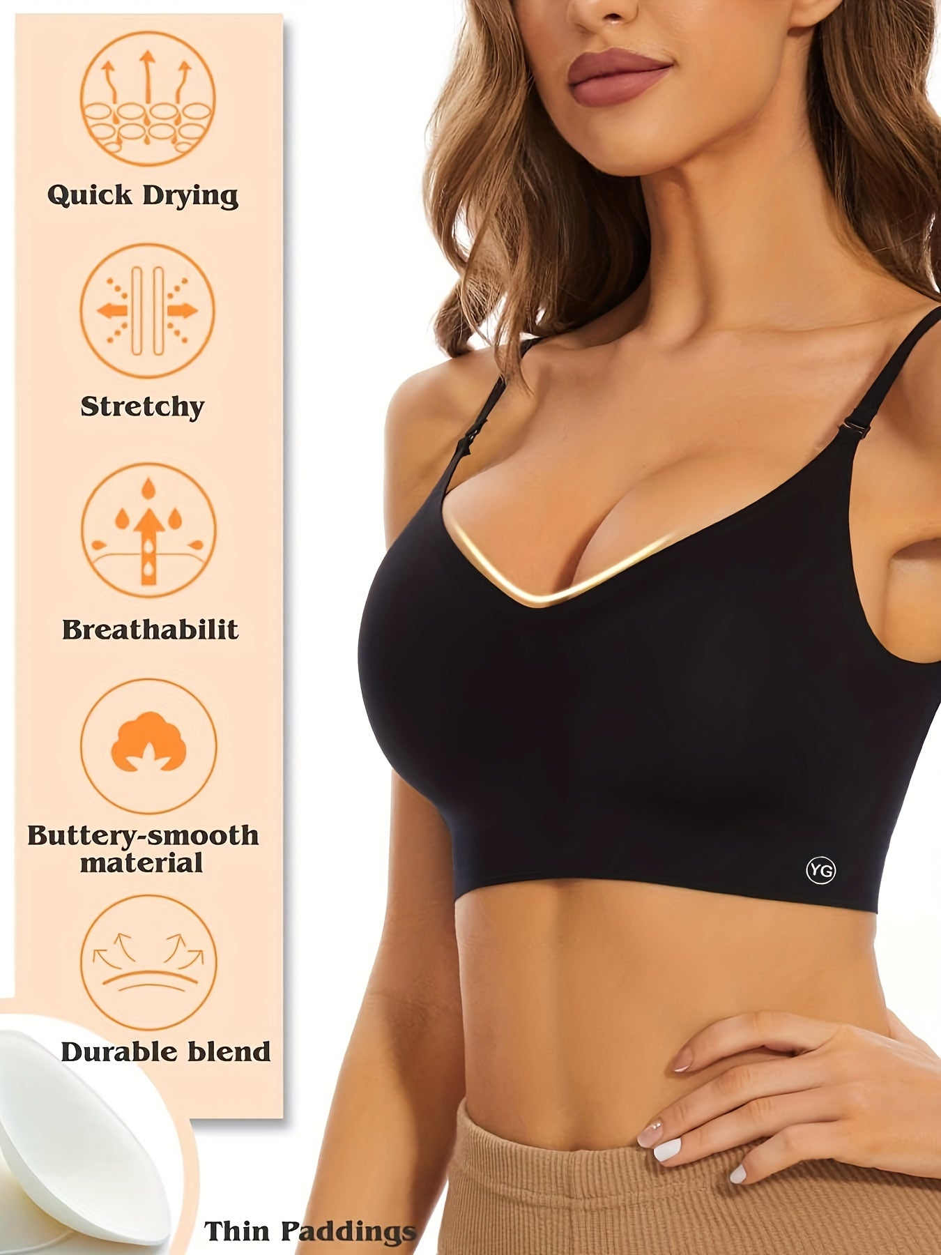 Women's Wireless Sports Bra With Flat Convertible Straps, Seamless Invisible Edge, And Ultra Low-Back Design, Adjustable Fit