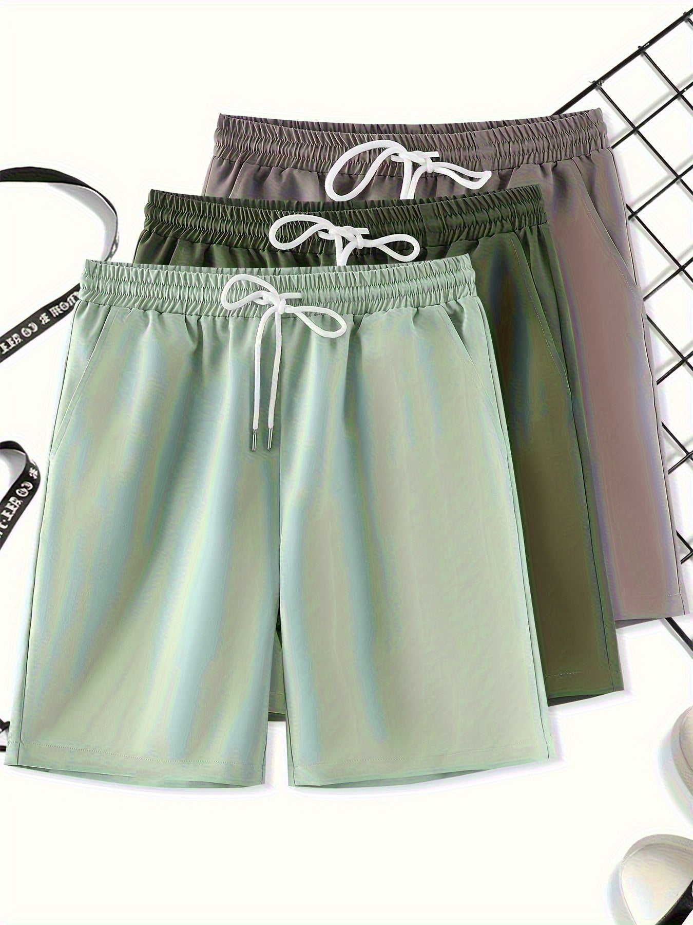 3pcs Men'S Plus Size Casual Shorts Set - White with Black Spider Web Print, Drawstring Waist, Non-Stretch Fabric, Perfect for Beach or Sports, Beach Shorts | Sporty Style | Woven Texture