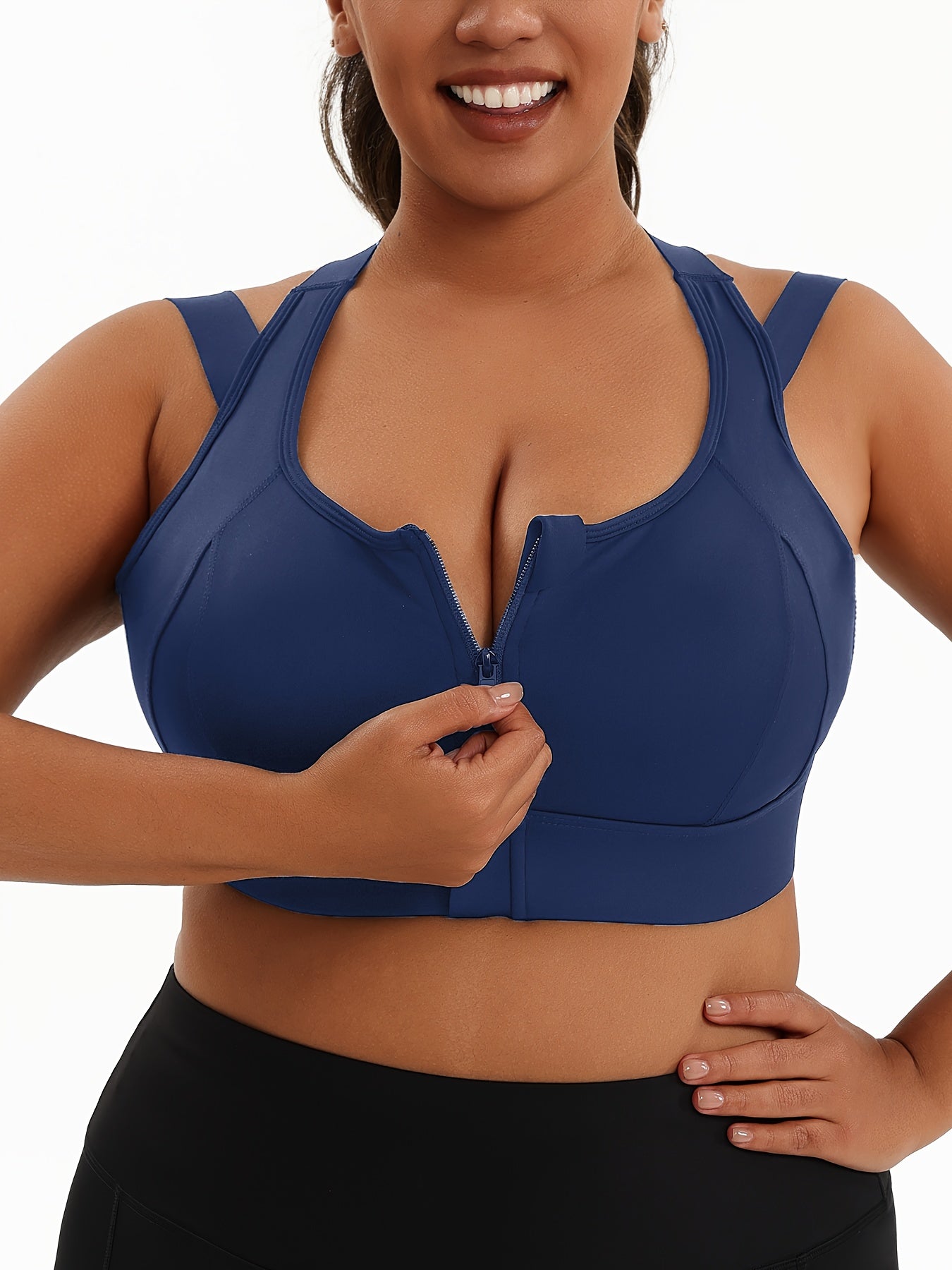 Women's Plus Size Sports Bra, Front Zip Closure, High Support Fitness Active Wear, Breathable Comfortable Lingerie, For Basketball Yoga Sports, Simple Look