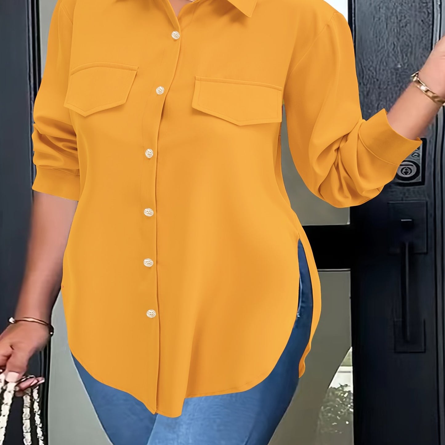 Plus Size Curved Hem Blouse, Casual Button Front Collared Blouse For Spring, Women's Plus Size Clothing