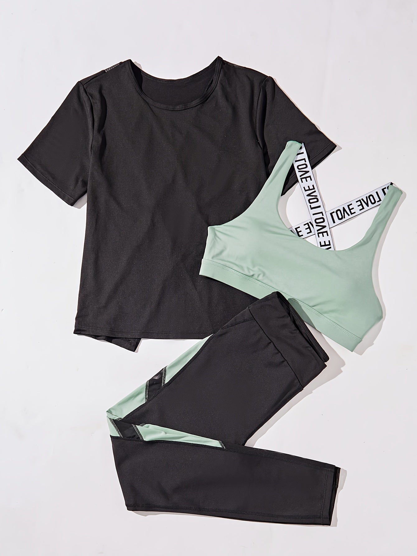 3pcs Women's Yoga Set in Black & Purple - High-Stretch, Sleeveless Sports Bra with Crisscross Straps, Short Sleeve Top & Leggings - Polyester & Elastane Blend, Machine Washable