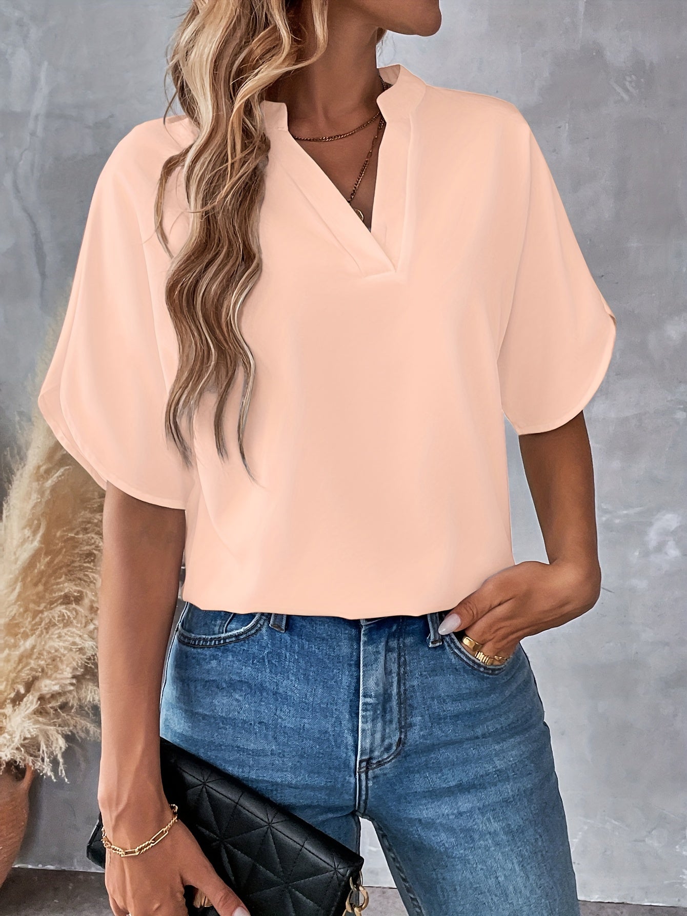 Solid Color Notch Neck Blouse, Casual Short Split Sleeve Blouse For Spring & Summer, Women's Clothing
