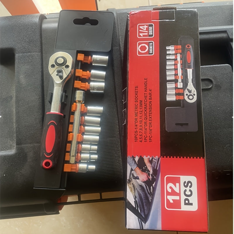 12pcs Socket Set, 1/4 Wrench Socket Set, Hardware Car Boat Motorcycle Bicycle Repairing Tool