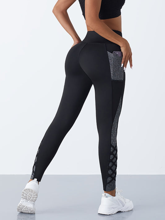 Women's High-Waisted Yoga Pants - Non-See-Through Workout Leggings with Side Pocket, Stretchy Gym Running Pants for Pilates, Cycling, Everyday - Machine Washable Athletic Bottoms (Black/Blue)