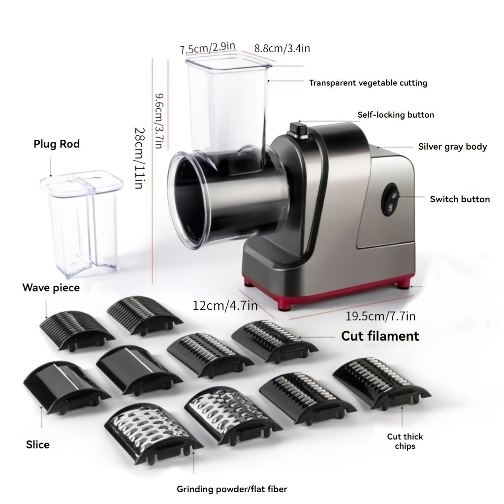 SENBOWE 5-in-1 Electric Cheese Grater & Salad Maker - Versatile Kitchen Gadget with 5 Blades for Perfect Slices, Shreds & Chops - Ideal for Cheese, Vegetables, Nuts & More - Stainless Steel, EU Plug