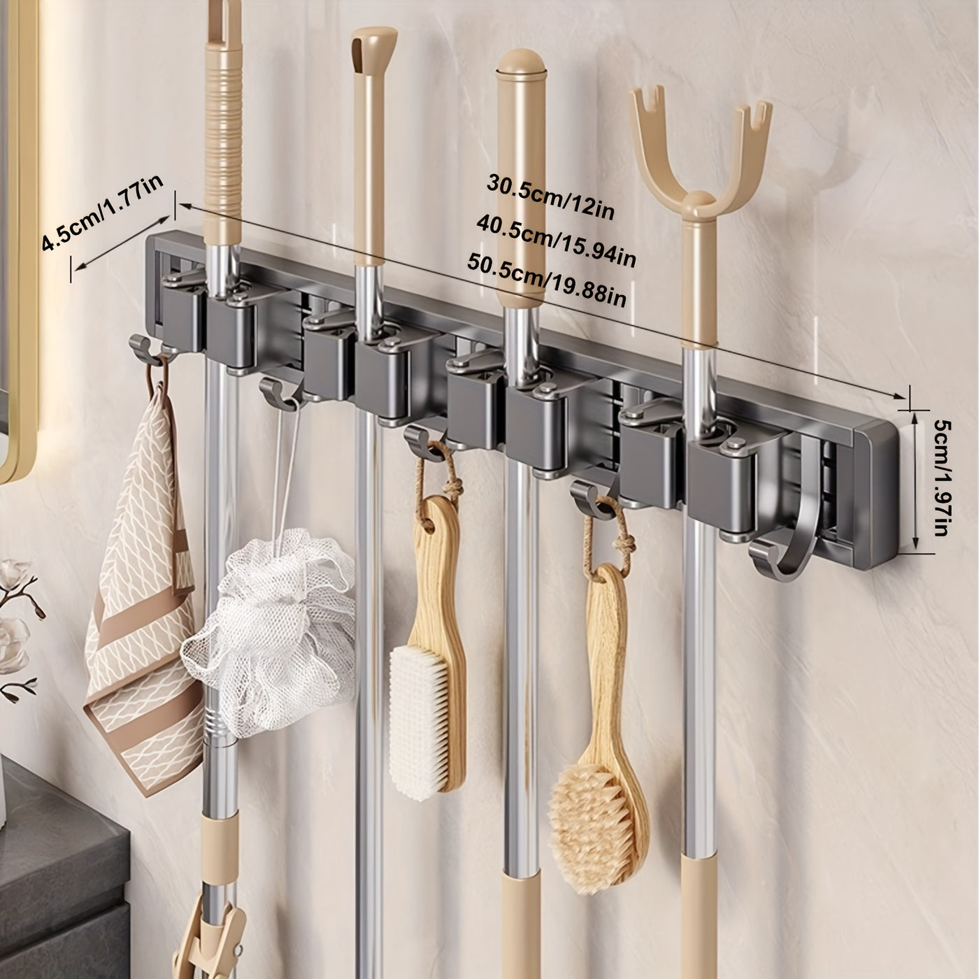 Bathroom Storage Rack Metal Mop & Broom Holder with Adjustable Hooks, Wall-Mounted Storage Organizer for Home, Kitchen, Garden, Laundry, Garage - Lacquered, Space-Saving Shelf for Mops, Brooms, Tools, Shelves