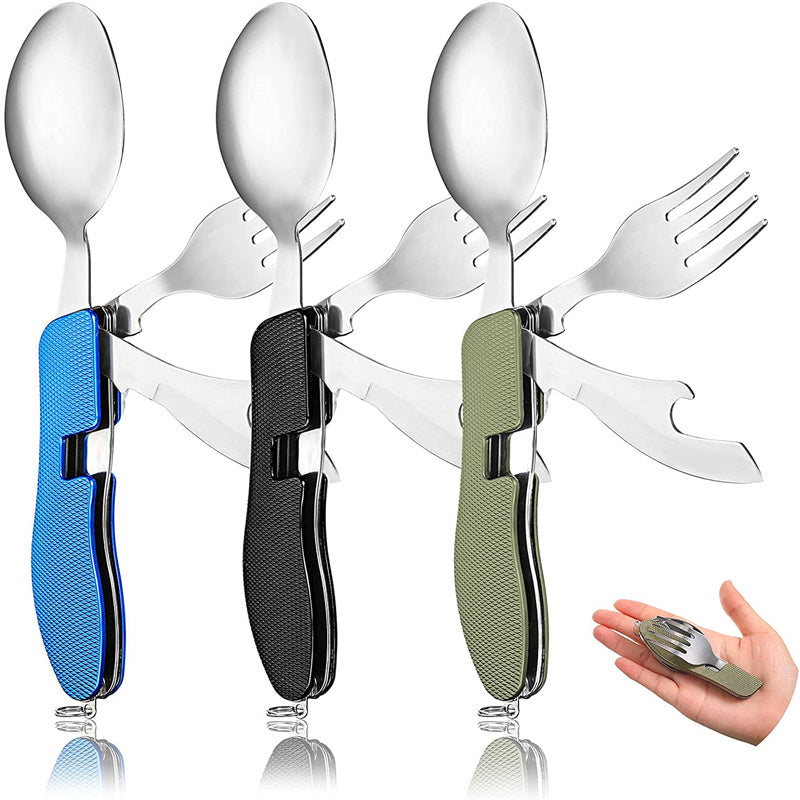 Stainless Steel 4-in-1 Outdoor Tableware Set with Folding Spoon, Fork, Knife, and Bottle Opener - Perfect for Camping, Picnics, Hiking, and Travel