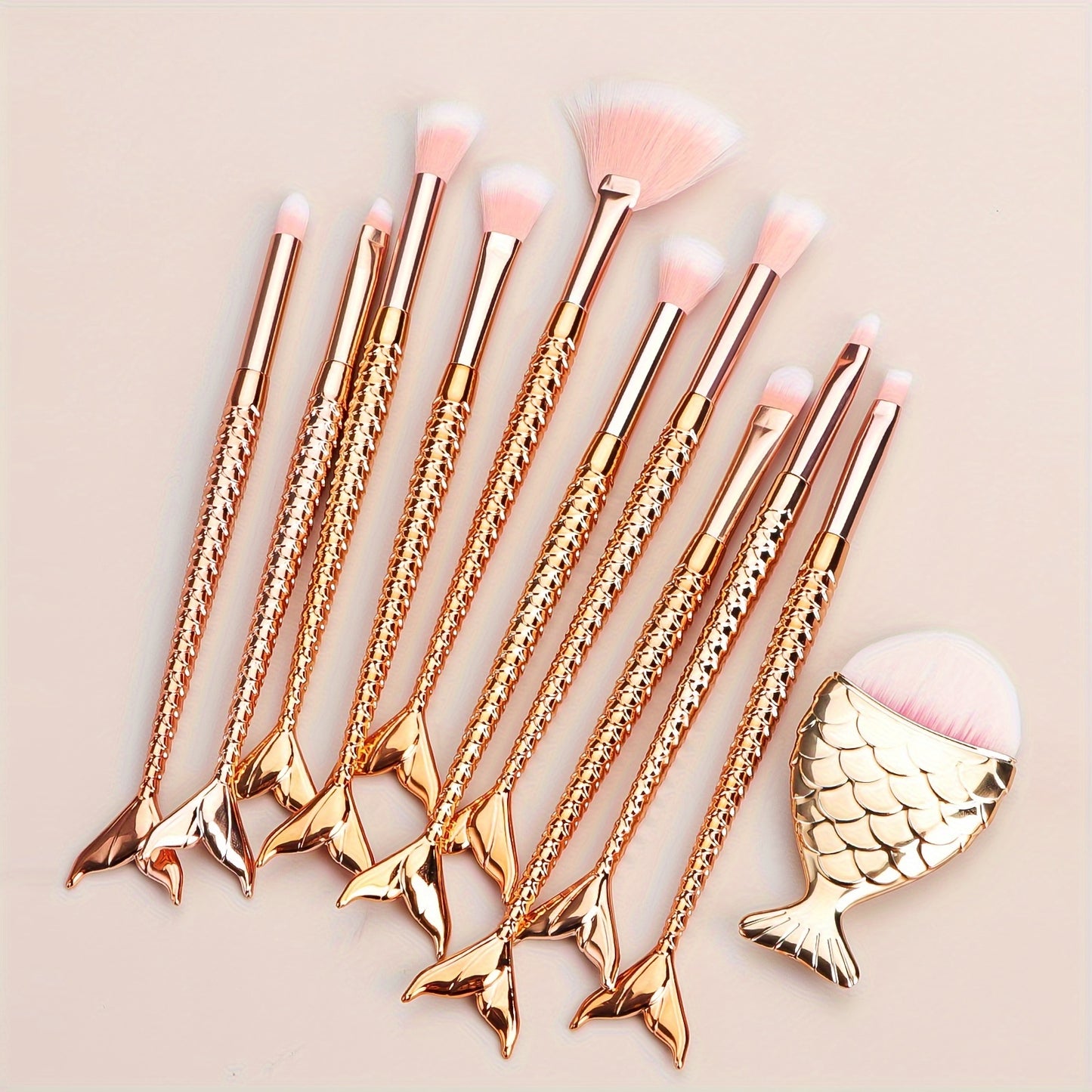 11pcs Mermaid Makeup Brush Set - Fish Tail Design, Nylon Bristles for All Skin Types, Fragrance-Free Beauty Tools