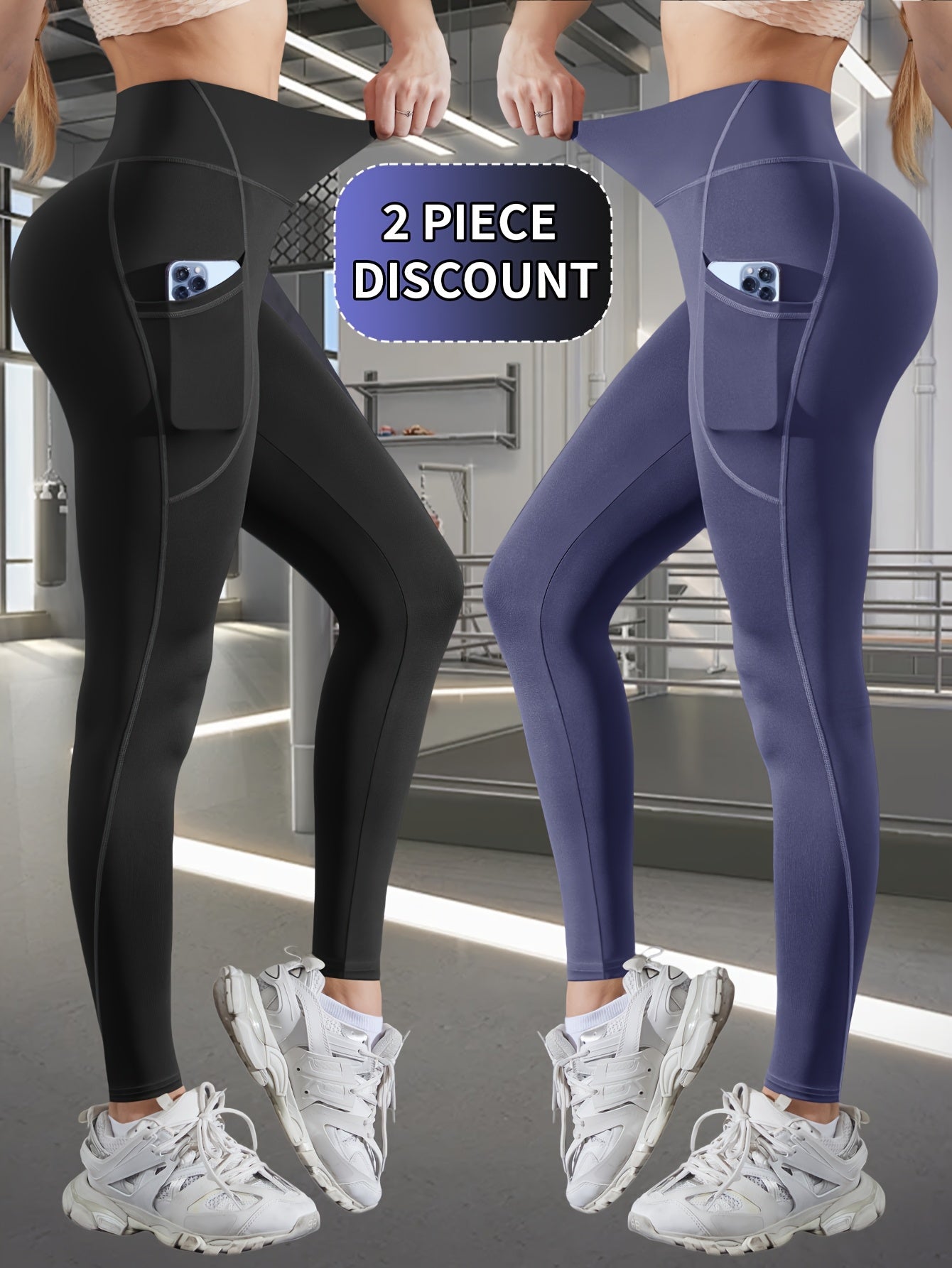 2pcs Women's High-Waist Yoga Leggings - Butt Lifting & Tummy Control, Breathable Stretch Fabric, Solid Color Workout Pants with Side Pockets for Outdoor Fitness