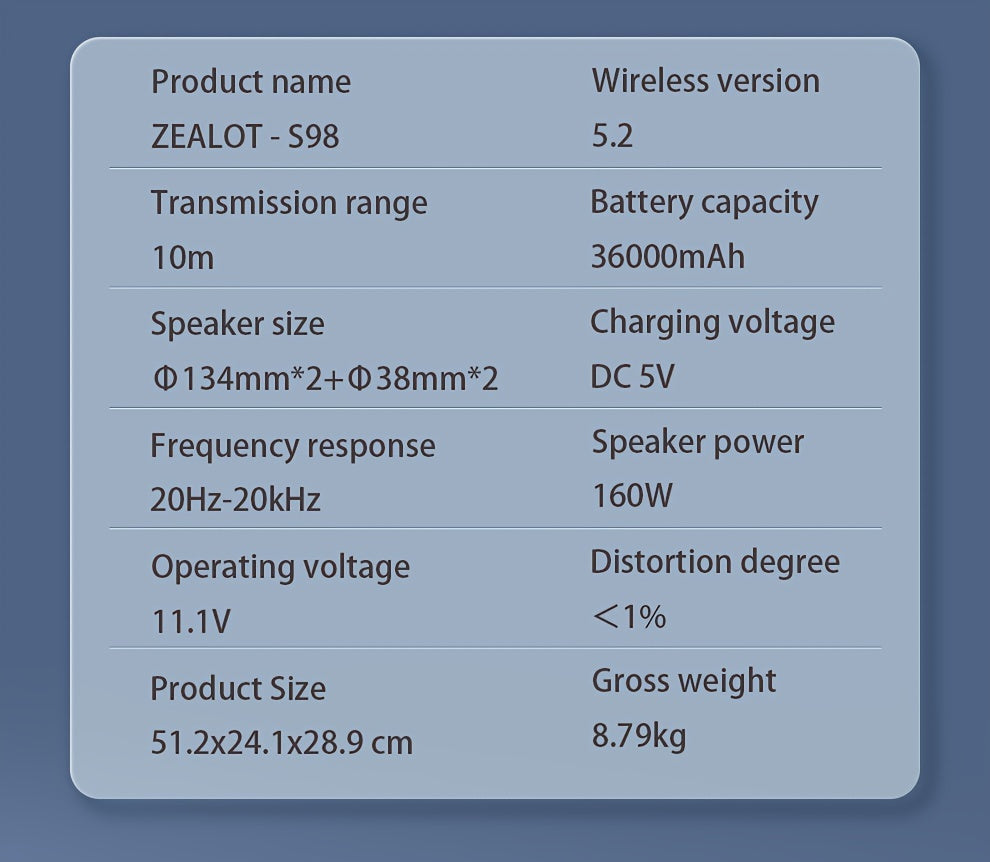 Zealot S98 Portable Wireless Speaker - 160W High-Power, 60H Playtime, IPX5, Fast Charging, Dual Pairing, Shocking Subwoofer, 36000mAh Battery, DSP Technology, Black with Red Accents