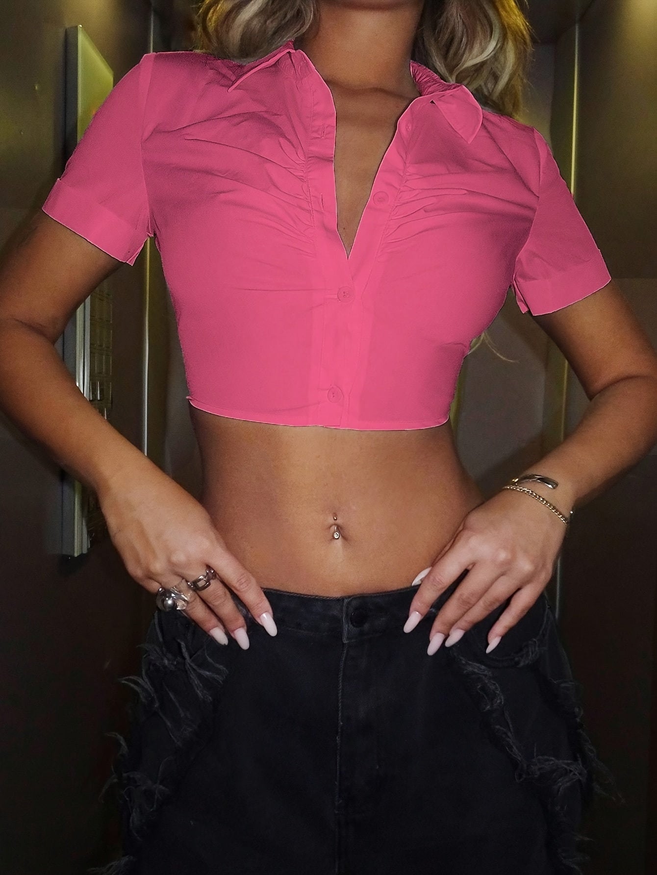 Solid Button Front Crop Shirt, Versatile Short Sleeve Ruched Blouse For Spring & Summer, Women's Clothing