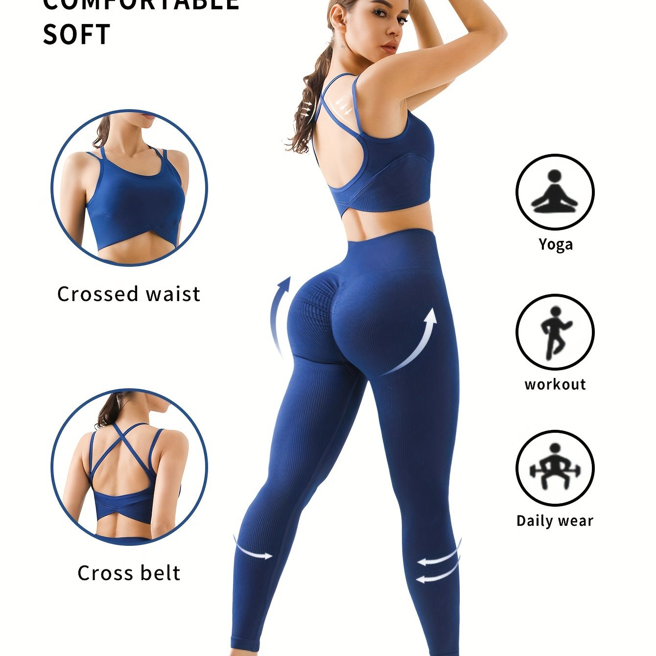 2pcs Solid Color Workout Sets, Backless Sports Bra & Wide Waistband Hip Lift Running Leggings, Women's Activewear