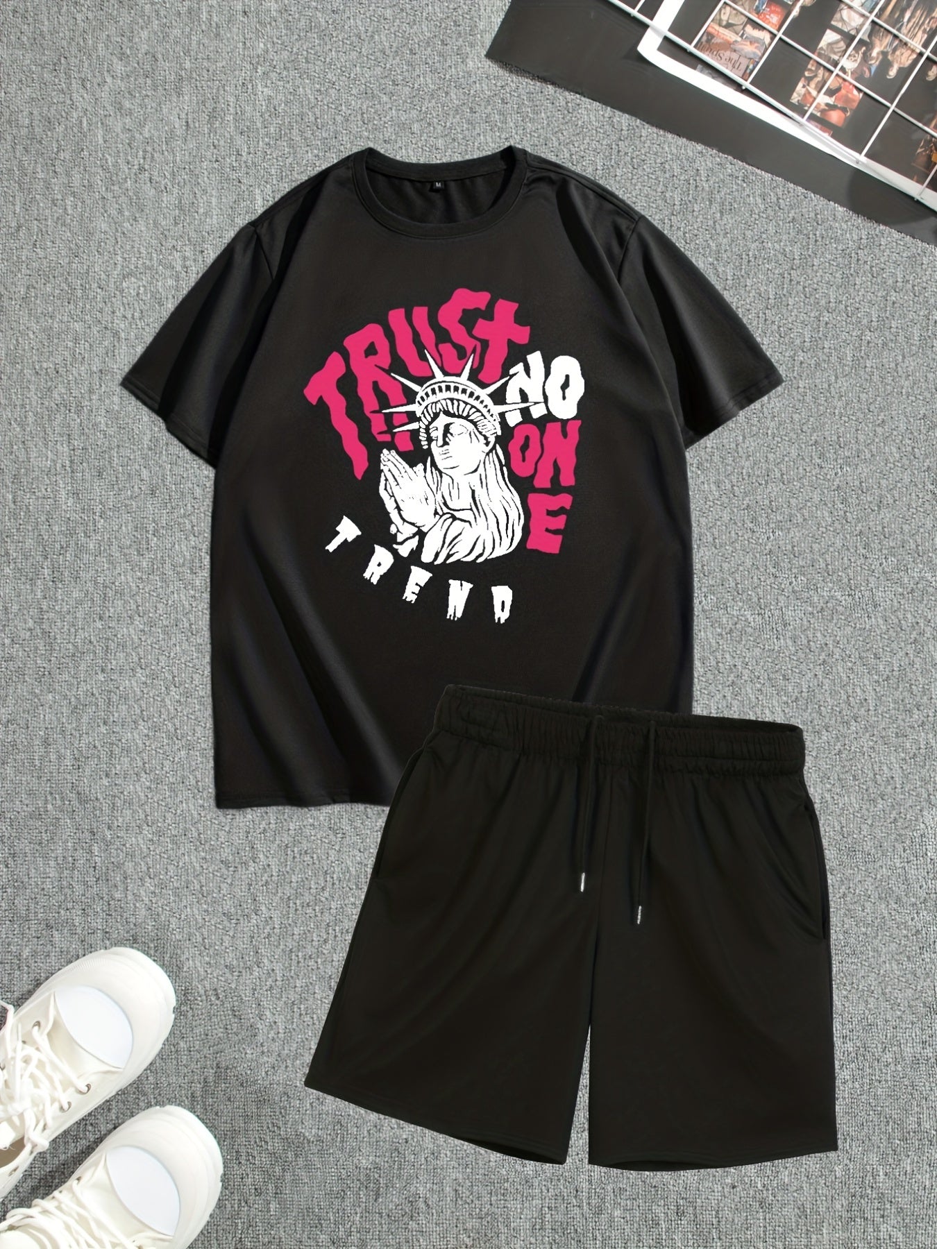 Men's Street Style Summer 2PCS Outfits, Male's Trend TRUST Graphic Short-sleeve Crew Neck T-shirt Drawstring Shorts Set, Casual Clothes For Men