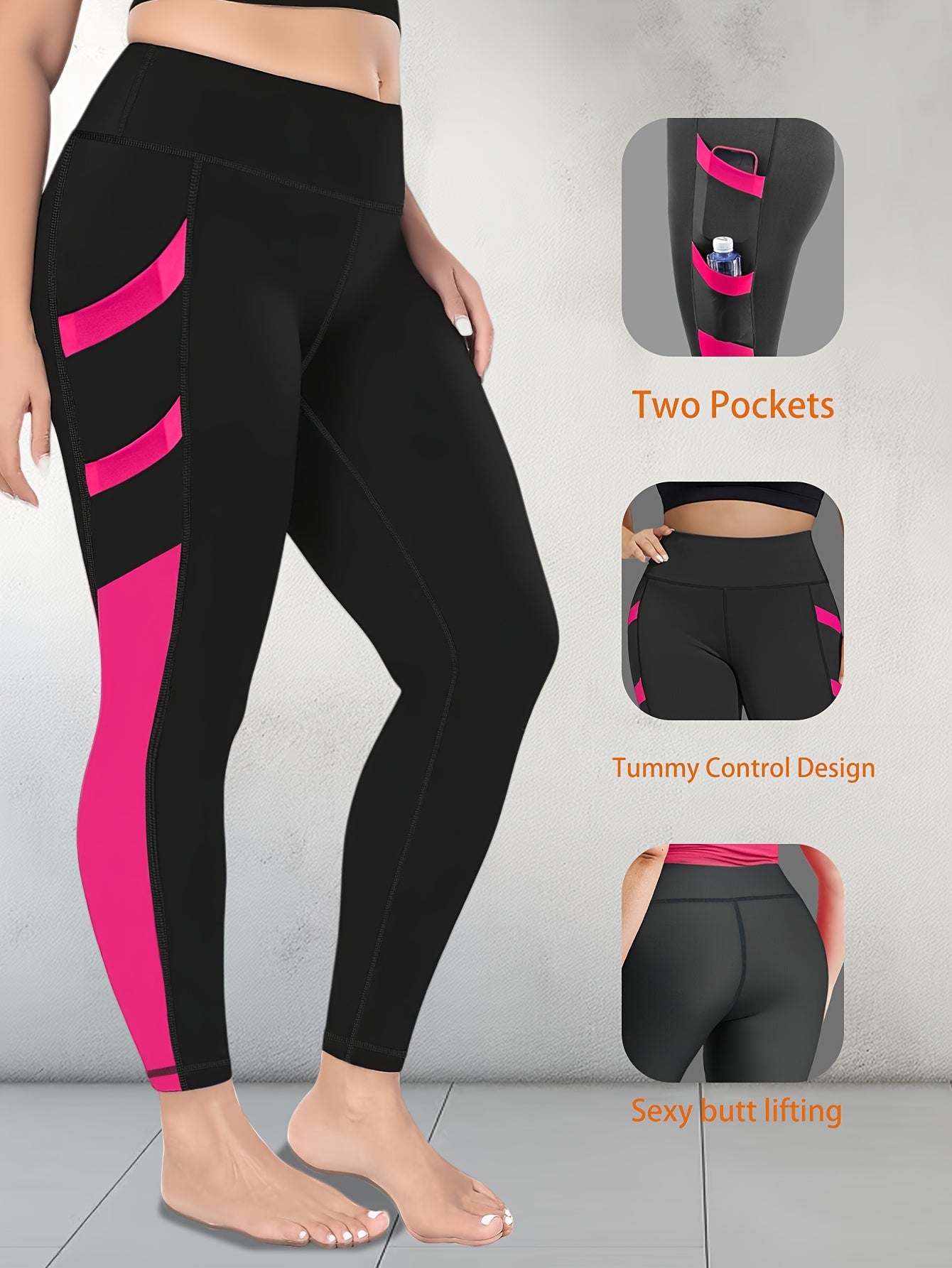Plus Size Women's High-Waisted Tummy Control Yoga Leggings - 4-Way Stretch Workout Pants with 4 Side Pockets, Butt-Lifting Posture & All-Season Wear for Gym, Running, - Non-Sheer Opaque Fitness Pants (Black/Grey)