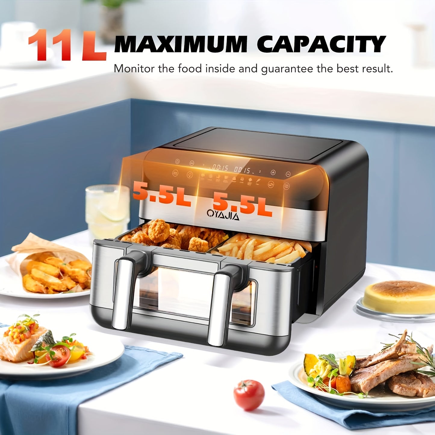 10/11L Air Fryer With Dual Flexi Baskets, Digital Touchscreen, 8 Cooking Modes, Adjustable Temperature, Viewing Window, Dishwasher-Safe, And Healthy Cooking Technology For Families And Meal Prep0/