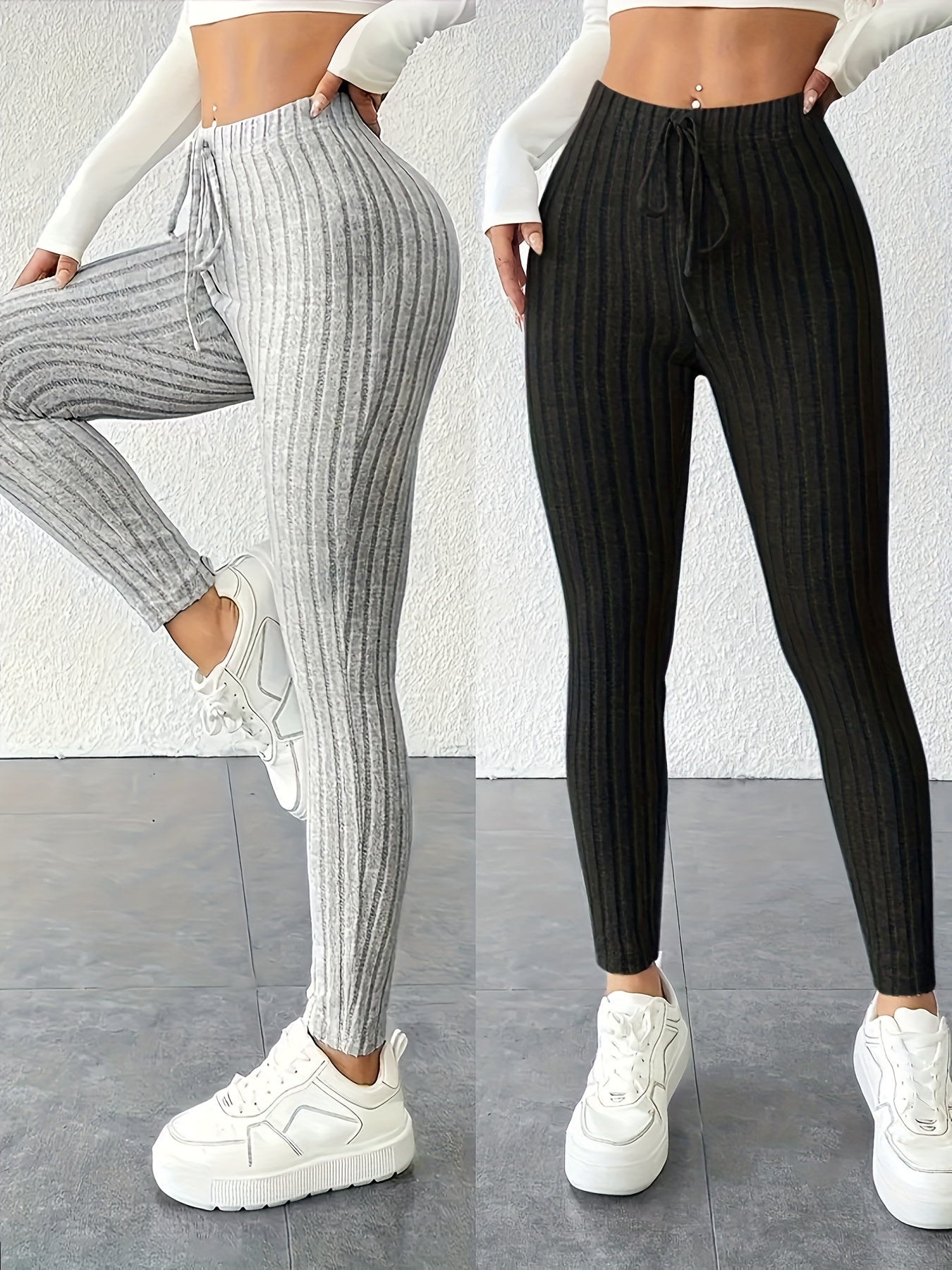 Two-Pack High-Waisted Pants, High Elasticity Solid Color Long Pants for Women, Tummy Control and Body Shaping, Suitable for Daily Wear, Comfortable Women'S Outerwear Leggings, Multi-Pack, Women' Ribbed Two Piece Casual Wide L