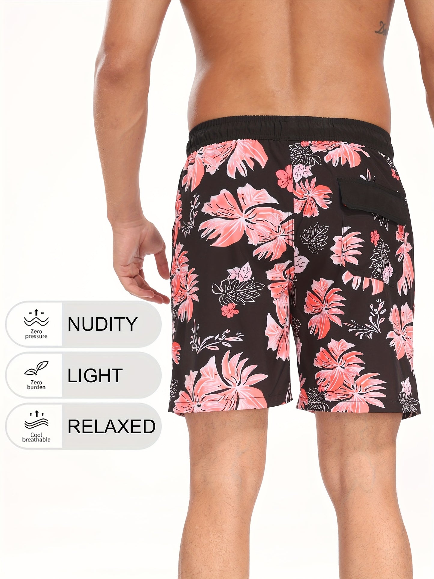Men's Quick-Dry Beach Shorts with Tropical Palm Tree & Palm Leaf Print - Breathable Stretch Fabric for Summer, Outdoor, Hiking, Swimming - Machine Washable Casual Athletic Shorts, Outdoor Activewear, Summer Shorts