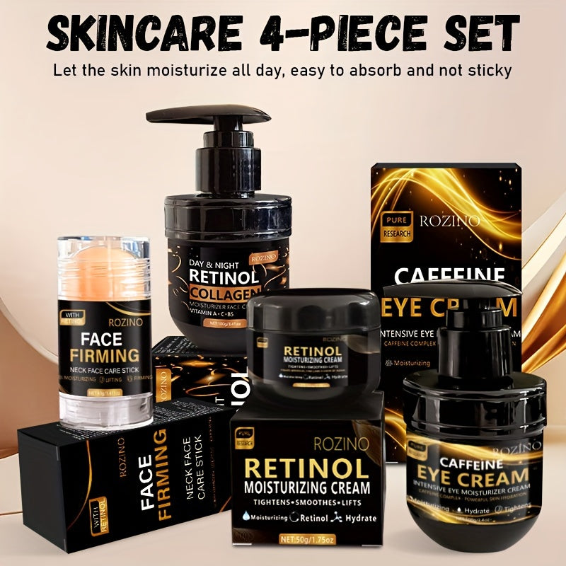 Instant 4pcs Retinol Skincare Set Firming, Moisturizing & Firming, Includes Caffeine Eye Cream, Face Cream, Moisturizing Cream, Facial and Neck Care Stick, farewell to dry, dullness, and sagging, instant touch Lift, deeply hy