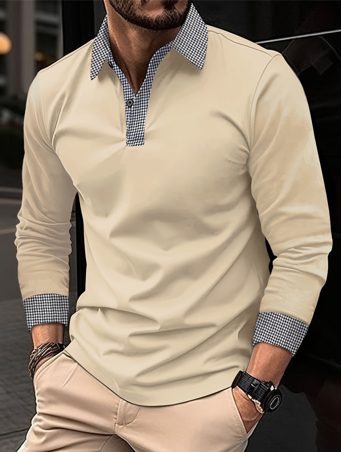 Men's Casual V-Neck Long Sleeve Rugby Shirt For Spring Autumn, Men's Clothing