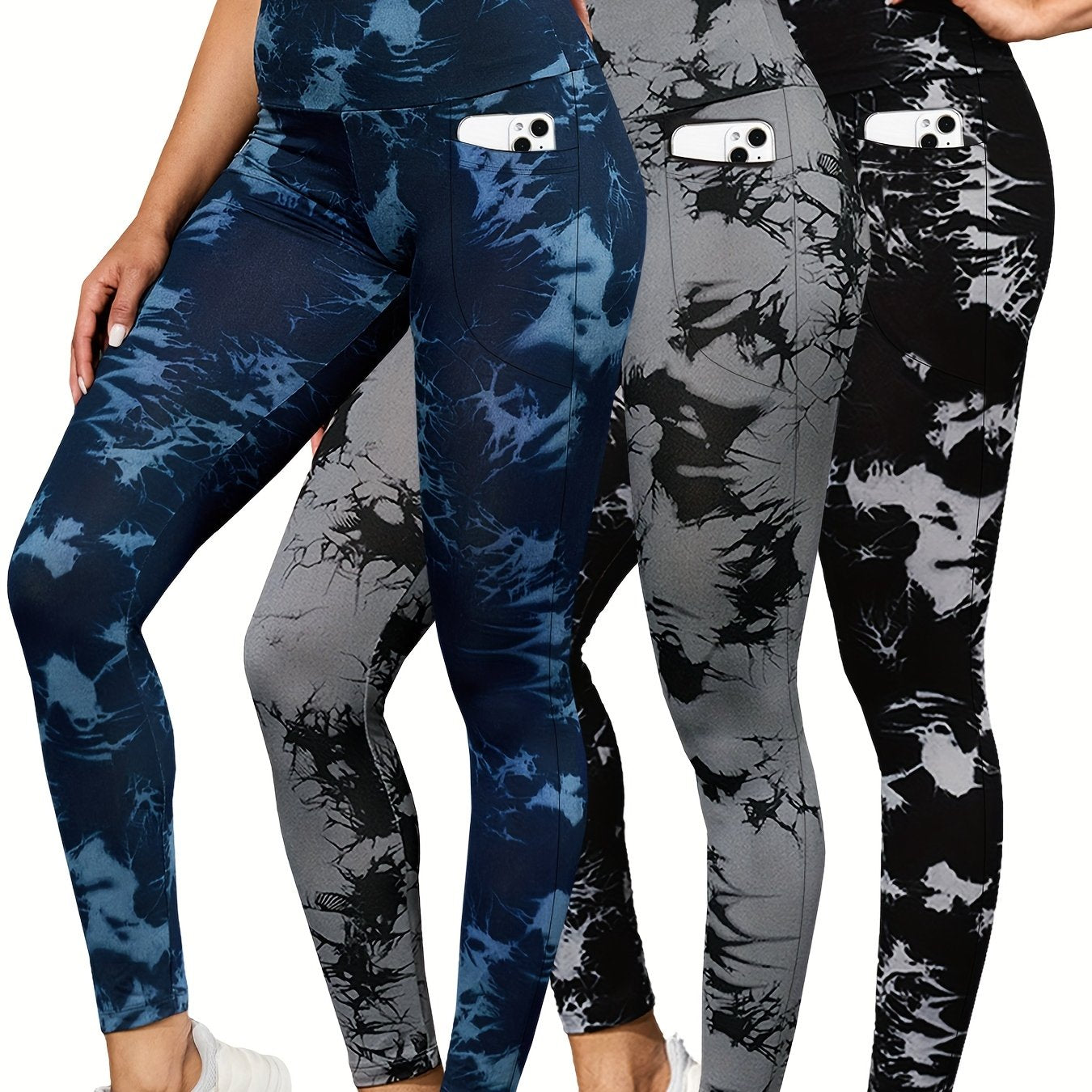 3-Pack Women's High Waisted Yoga Leggings - Non-See Through Tummy Control Workout Pants with Side Pockets, Stretchy All-Season Athletic Leggings in Blue/, Machine Washable for Running, Gym, Casual Attire - Ideal Gift for Wome